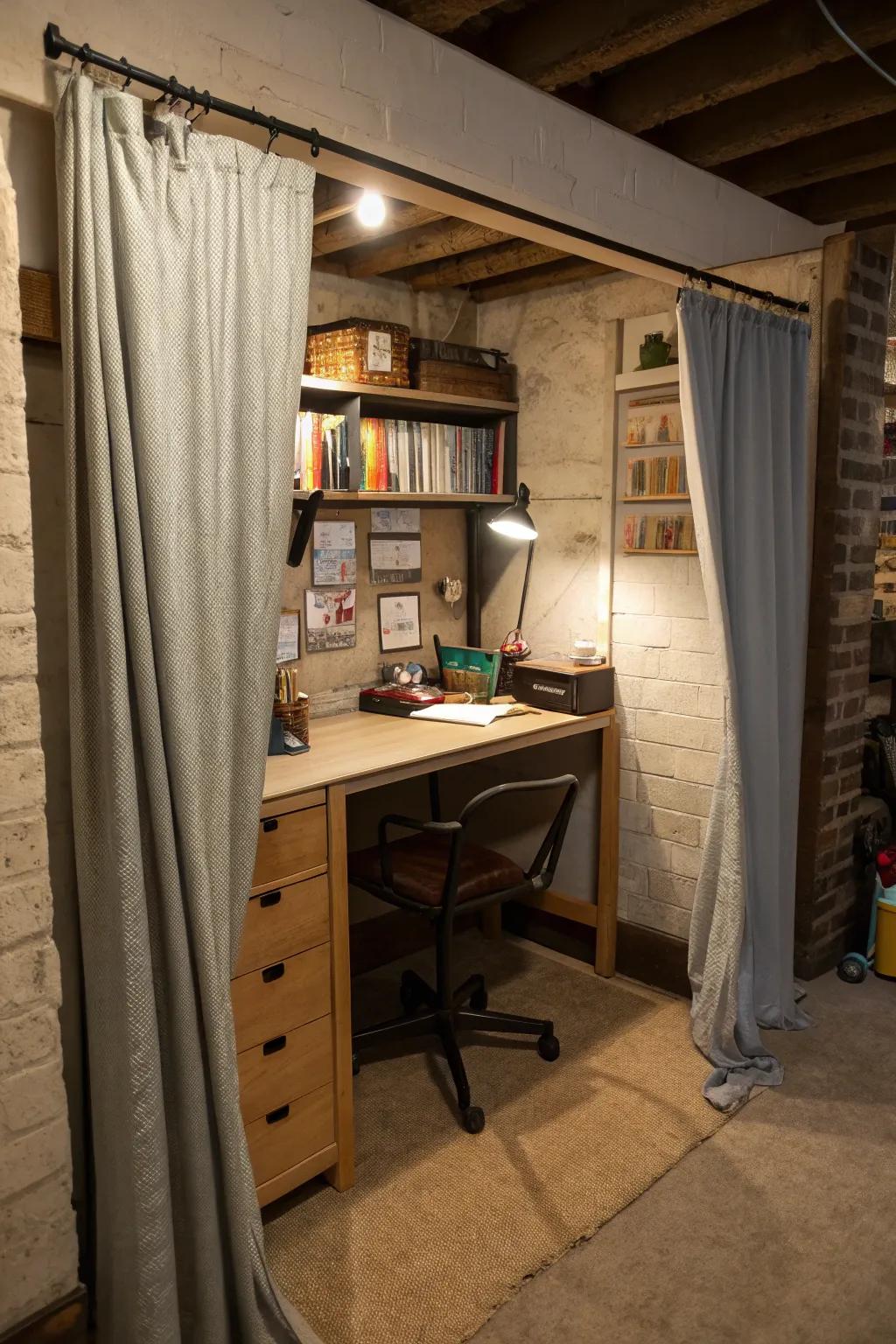 A hidden workspace ensures the basement stays orderly.