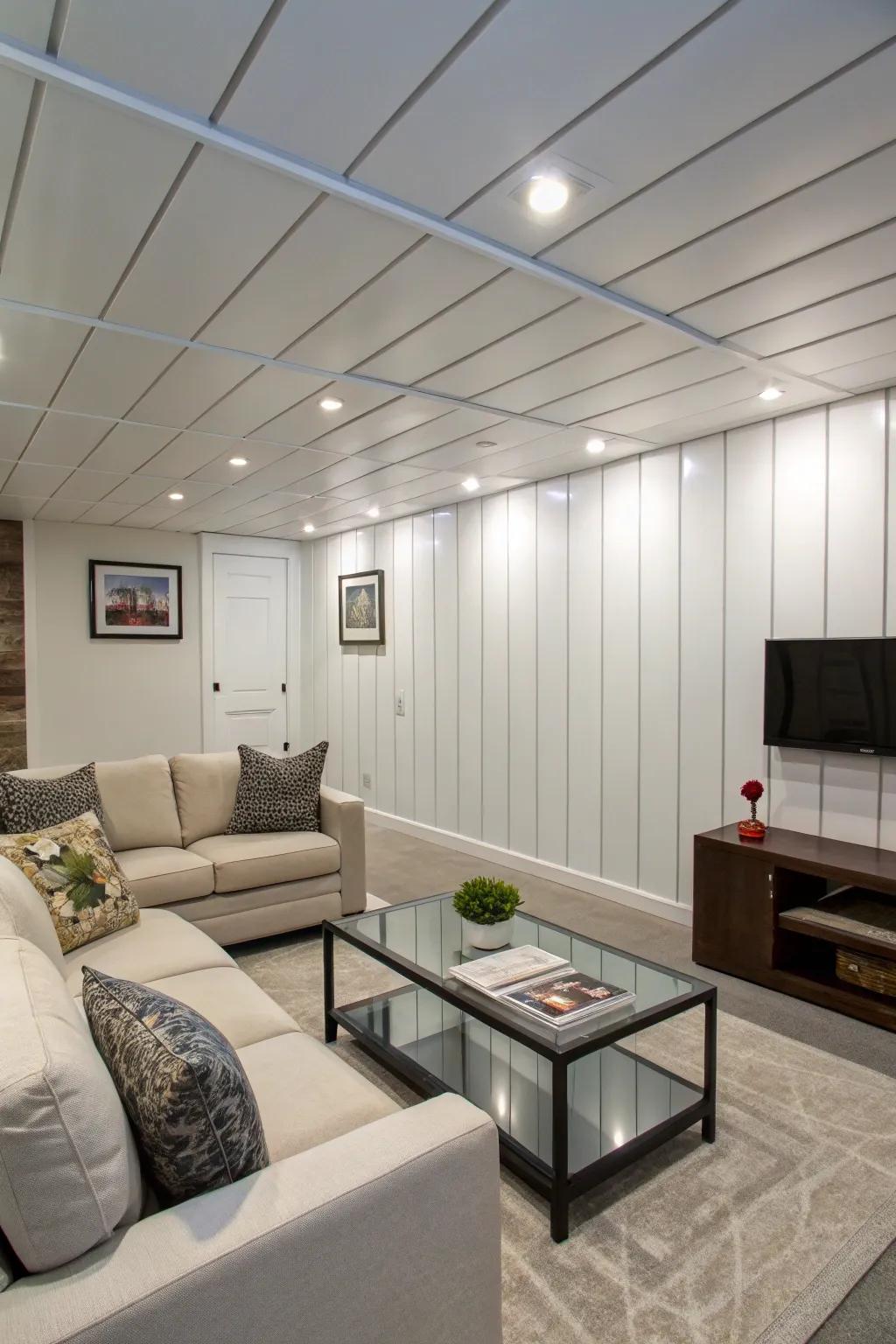 PVC panels are a resilient and fashionable option for basements that are prone to dampness.