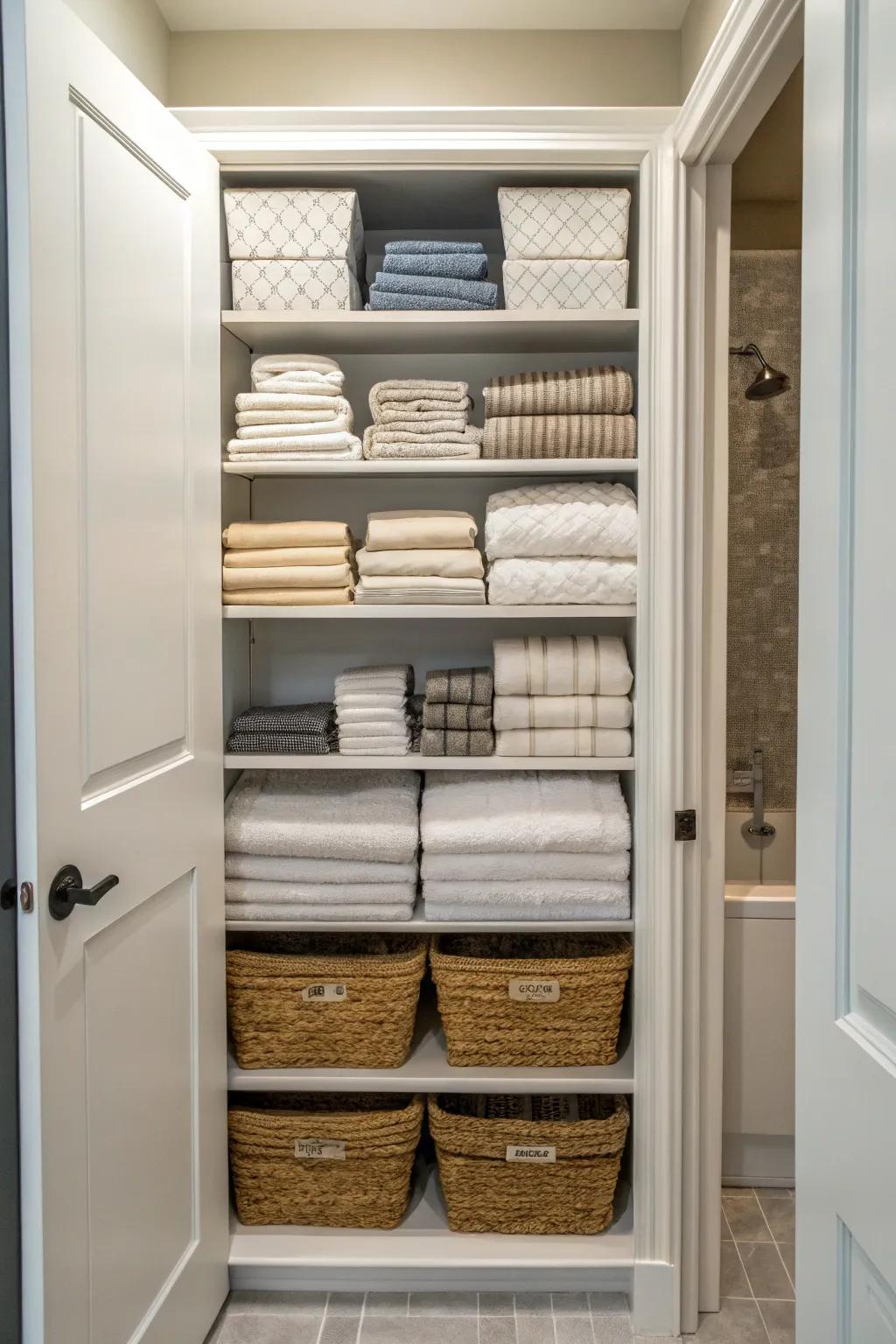 Deep shelves with neatly folded towels and fabrics for optimal storage.