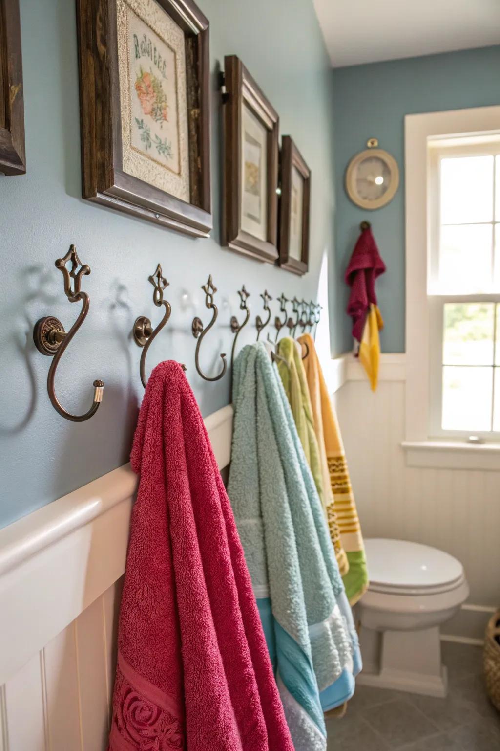 Artistic fasteners add a dash of beauty to towel keeping.