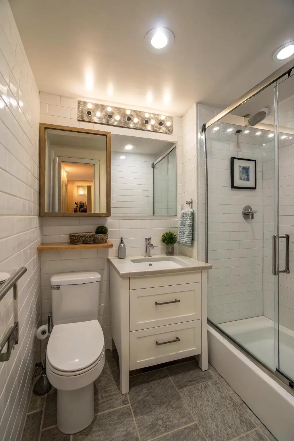Streamlined track lights are perfect for optimizing small bathroom areas.