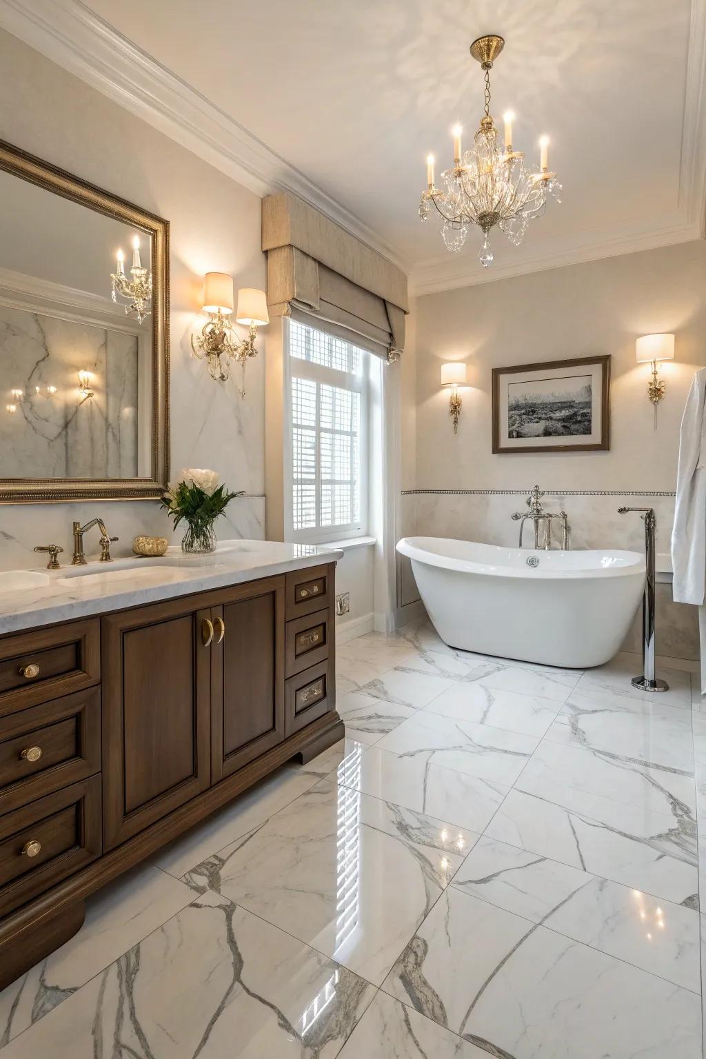 Stone-look floor covering offers a touch of luxury to this elegant bathroom.