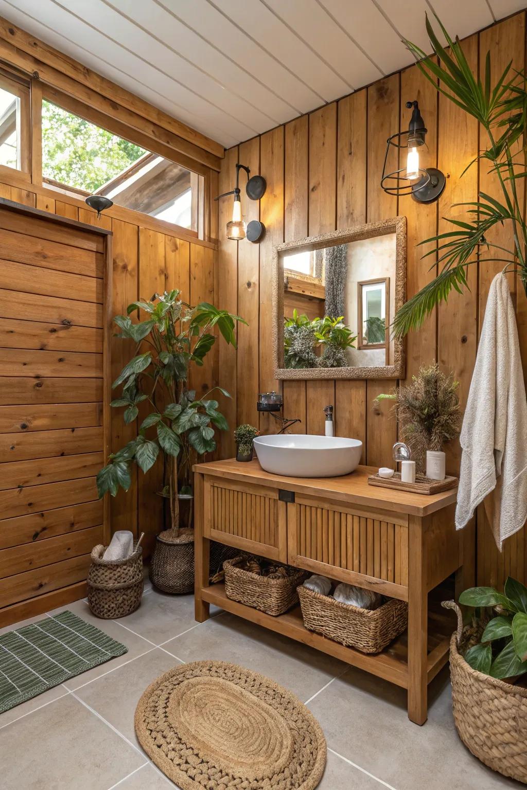 Timber components contribute warmth and natural elegance to restroom walls.