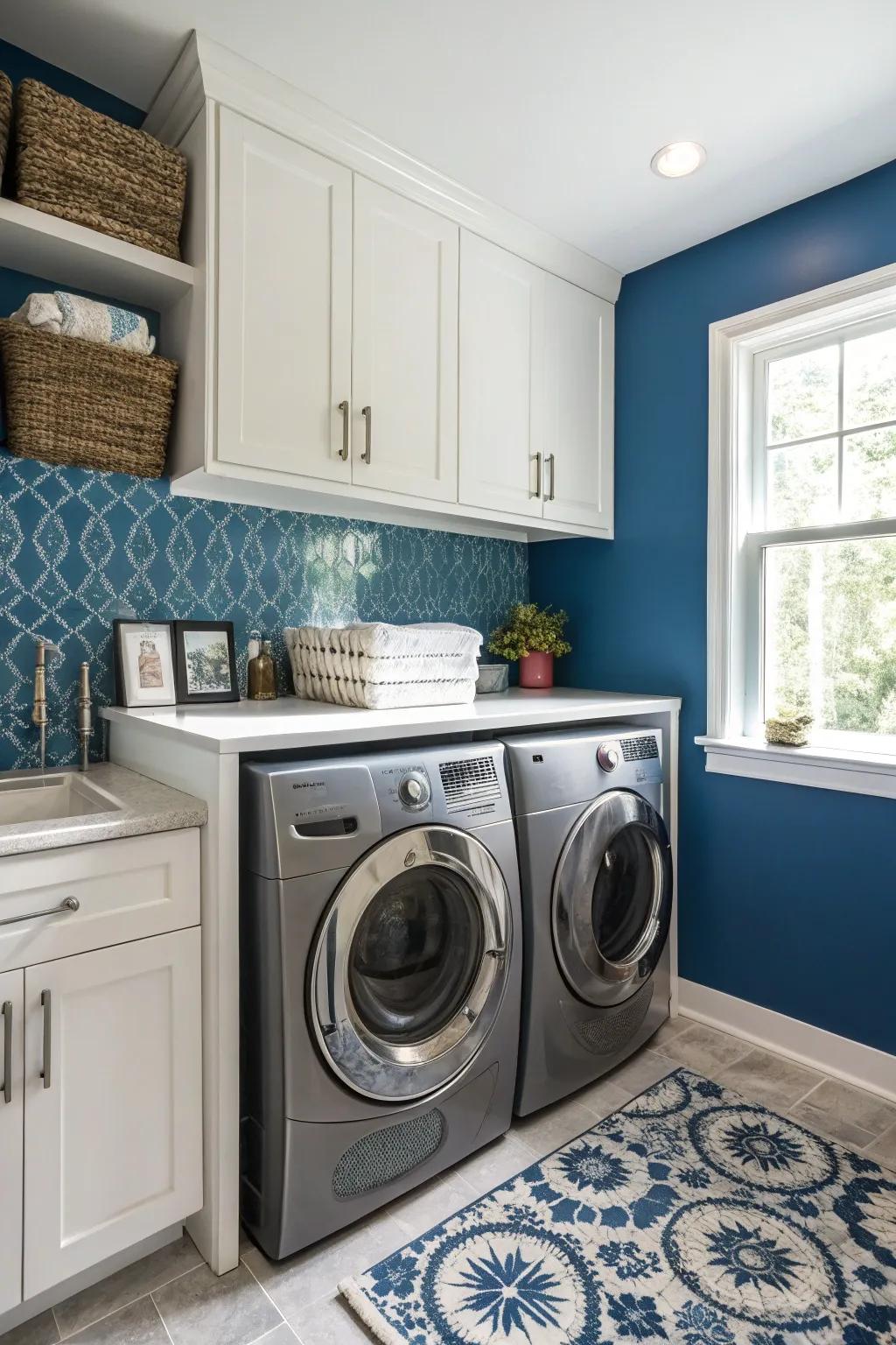 An accent wall introduces a splash of color and enhances the style of the laundry zone.