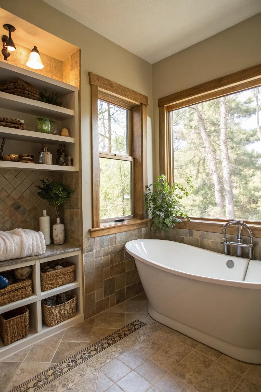 Integrated shelving by windows enhances storage and light.