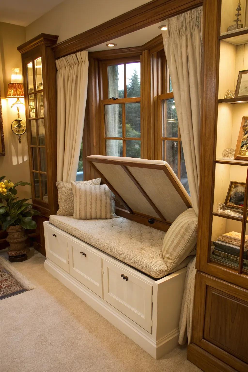 Merge comfort and practicality with a storage-friendly window seat.