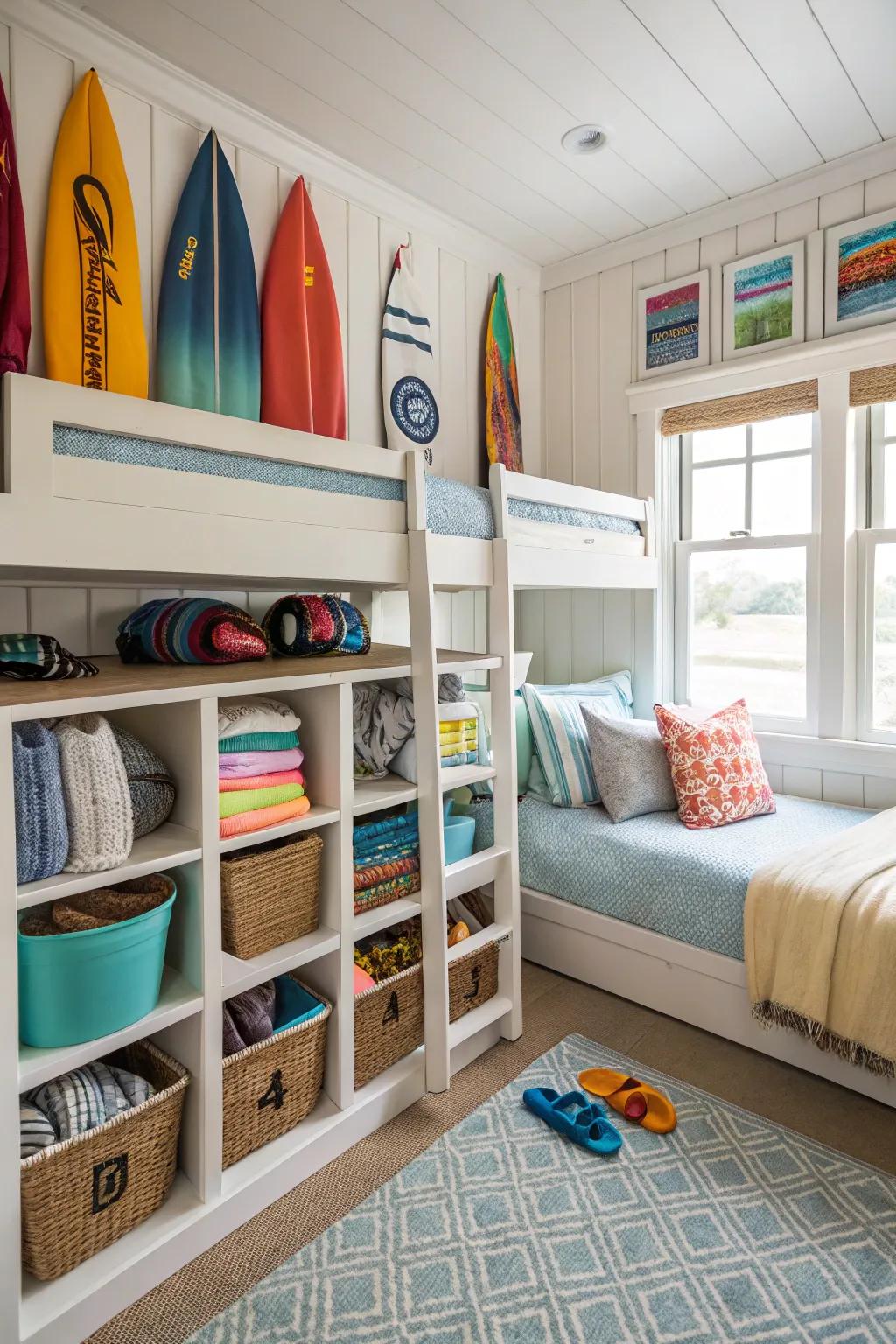 Retain organized seaside equipment with concealed storage.