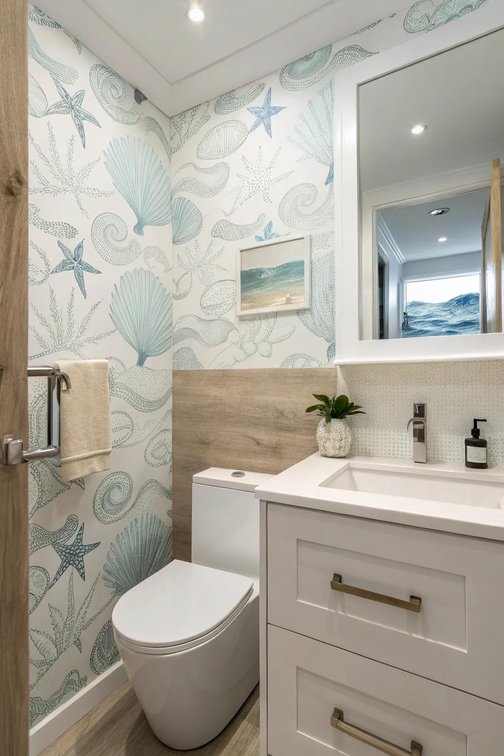 Foster an open, airy ambiance with minimalist beach-inspired wallpaper.