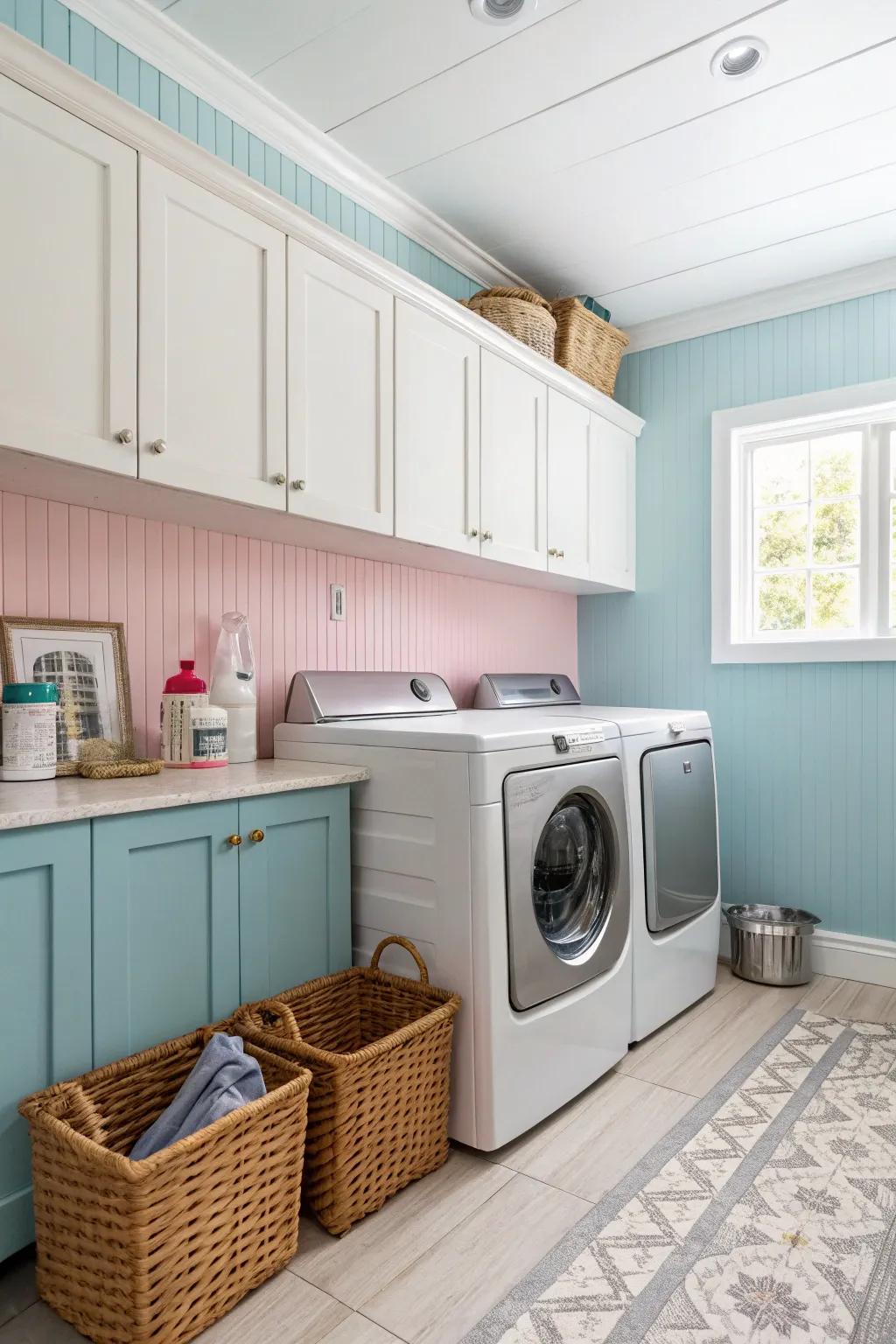A playful laundry area with pastel planking walls.