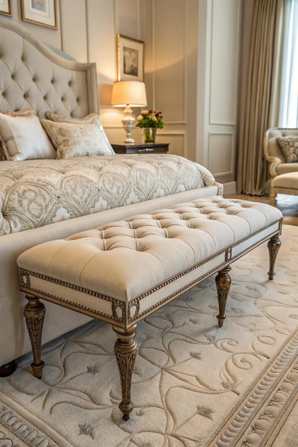 Quilted benches inject timeless grace into your bedroom decor.