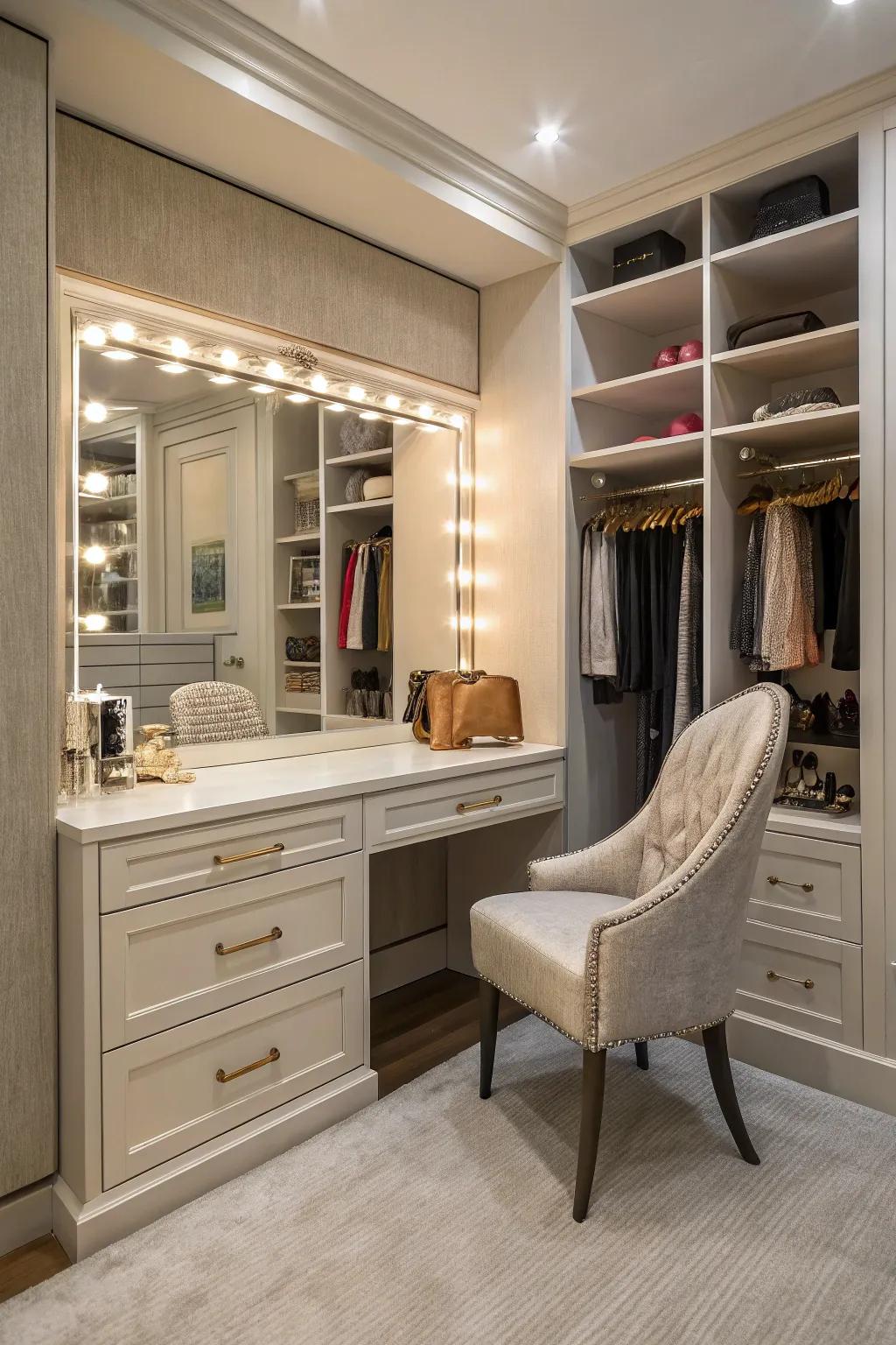 A built-in vanity brings ease and a sprinkle of luxury to your closet.
