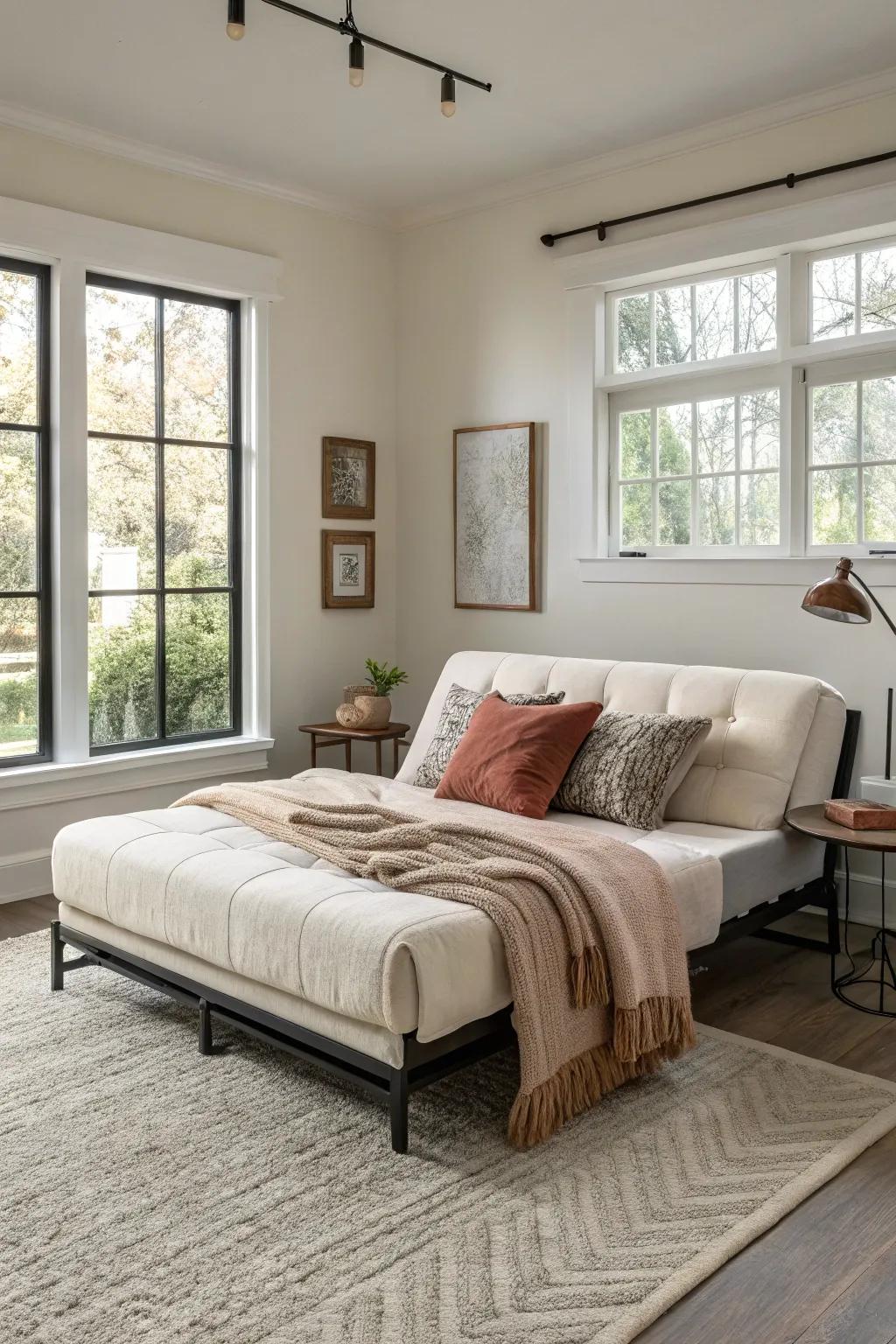 A modern pad in a sleeping quarters, providing adaptable seating and sleeping options.