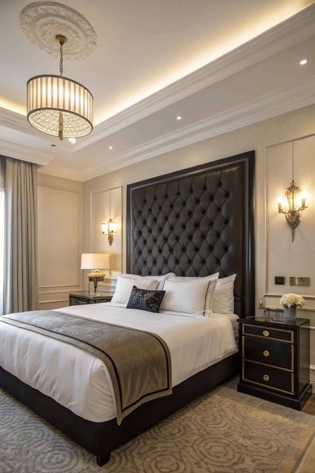 A striking black headboard elevates the design of a chic bedroom.