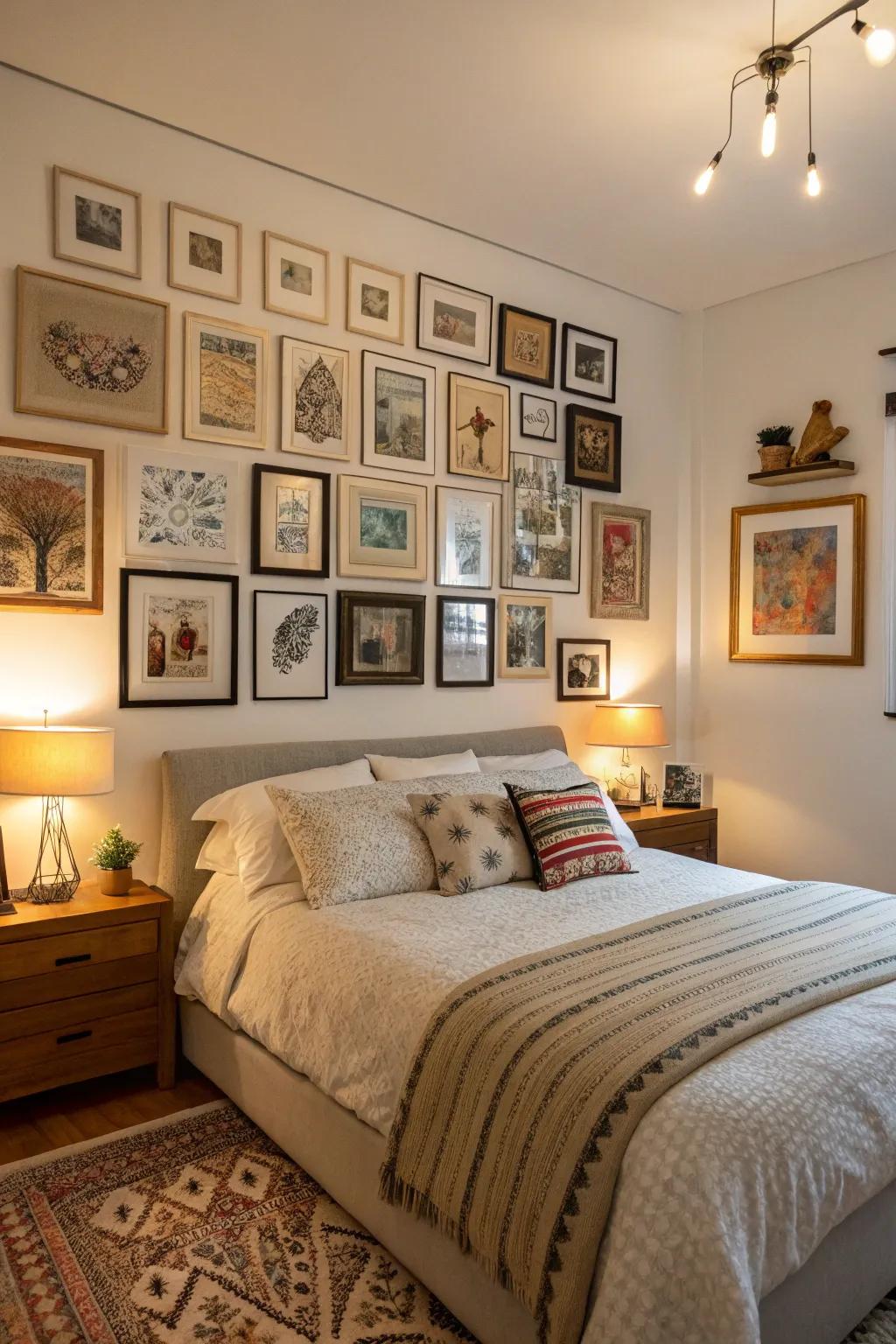A bedroom brought to life with a curated collection of personal artwork.