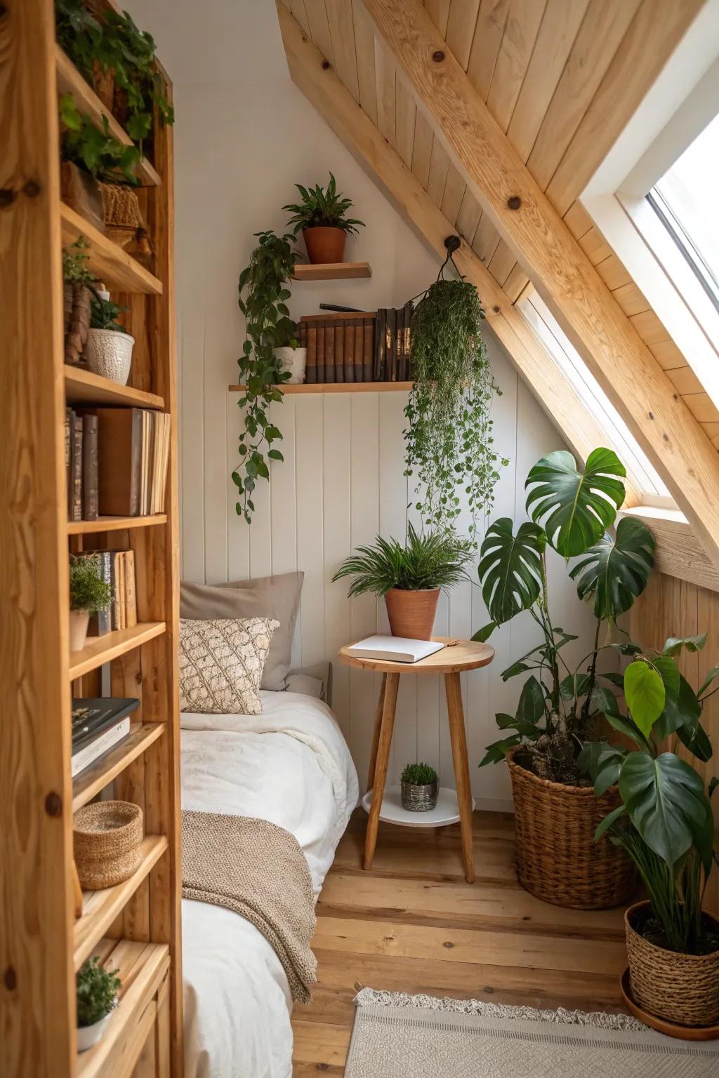 A nature-infused bedroom nook featuring wooden accents and plants.