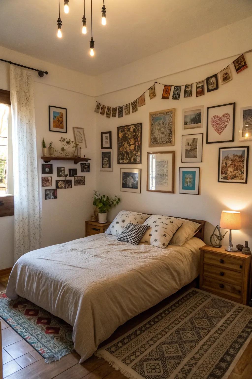 Personal touches add a unique charm to the bedroom.