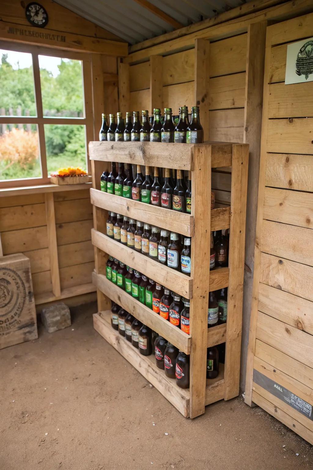 A changed pallet rack in a garden shed storing brew bottles.
