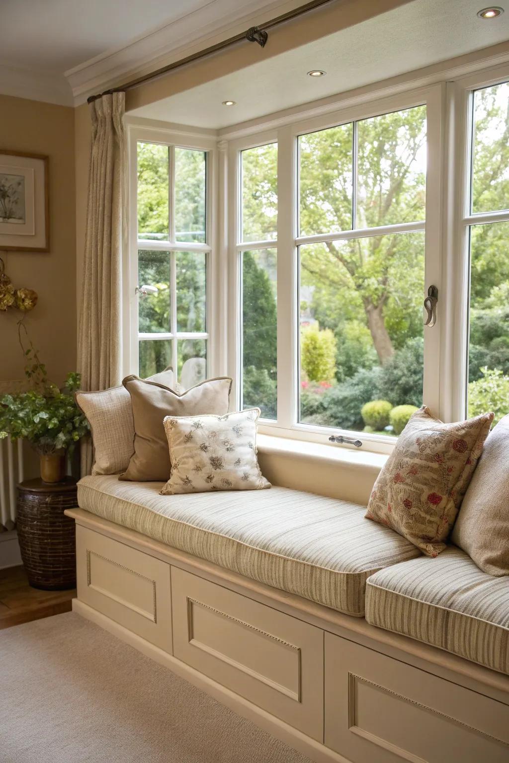 A tranquil window spot offers the ideal escape in a beige interior.