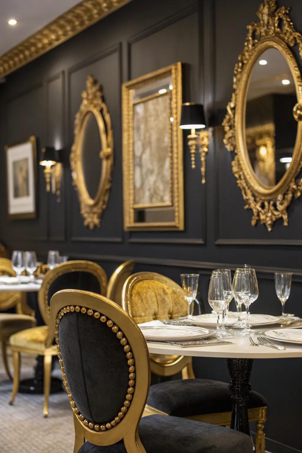 Black walls create a striking and elegant eating atmosphere.