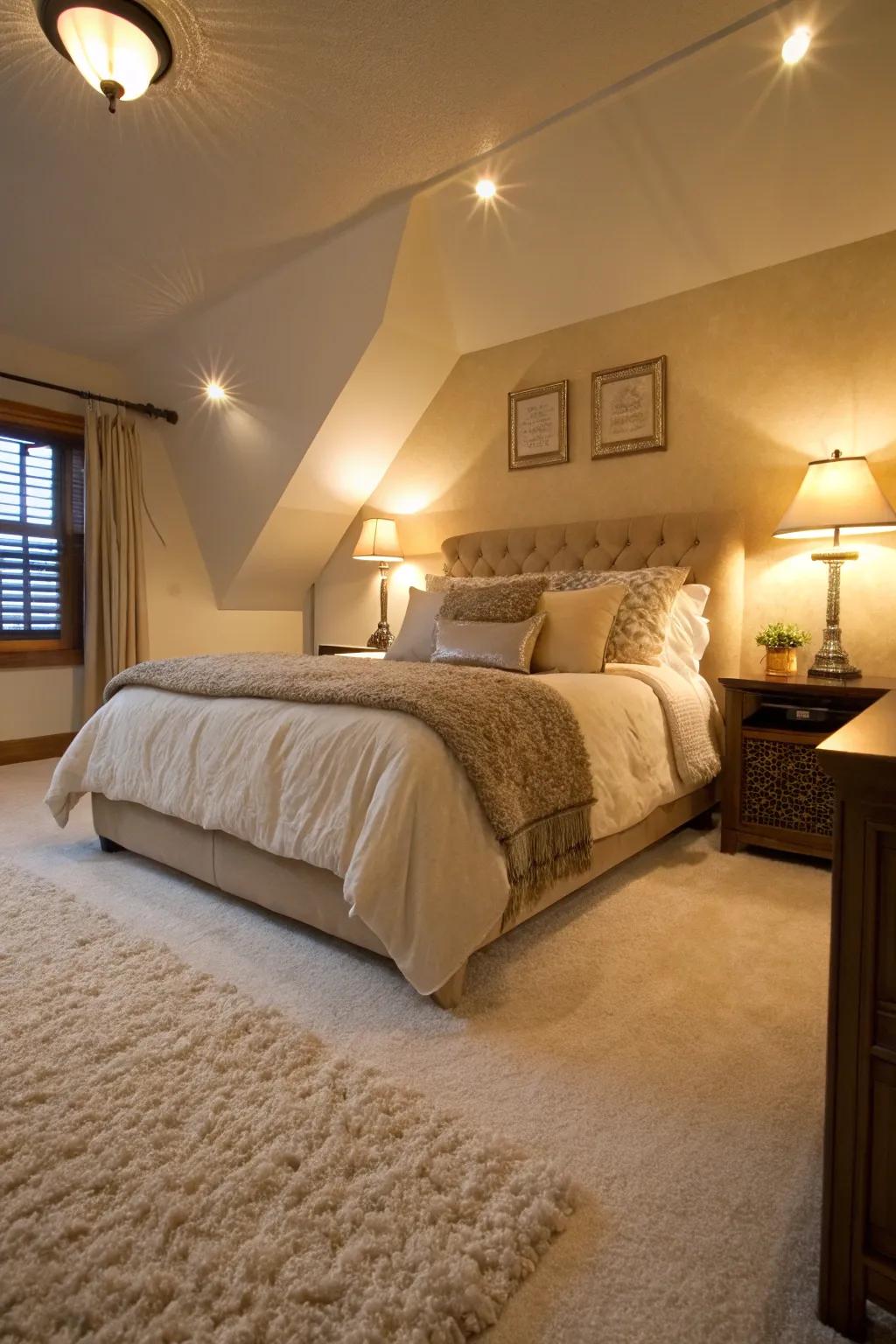 Carpet flooring establishes a warm and welcoming bedroom.