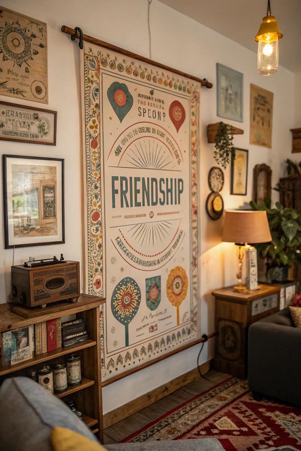 A retro-themed poster blends vintage vibes with modern friendship elements.
