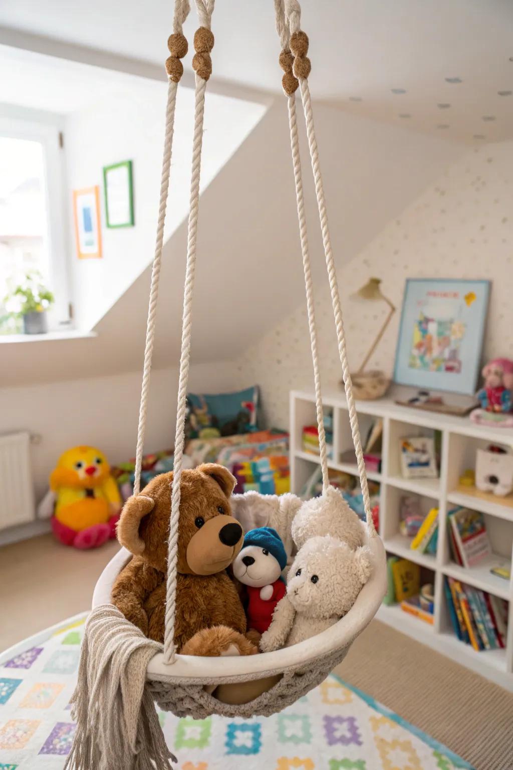 A swing is a whimsical means for exhibiting soft toys.