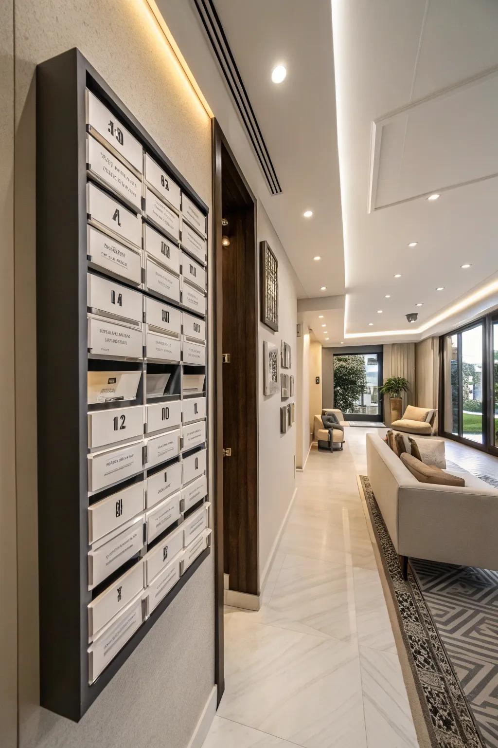 Manage mail and bills stylishly using a wall-mounted rack.