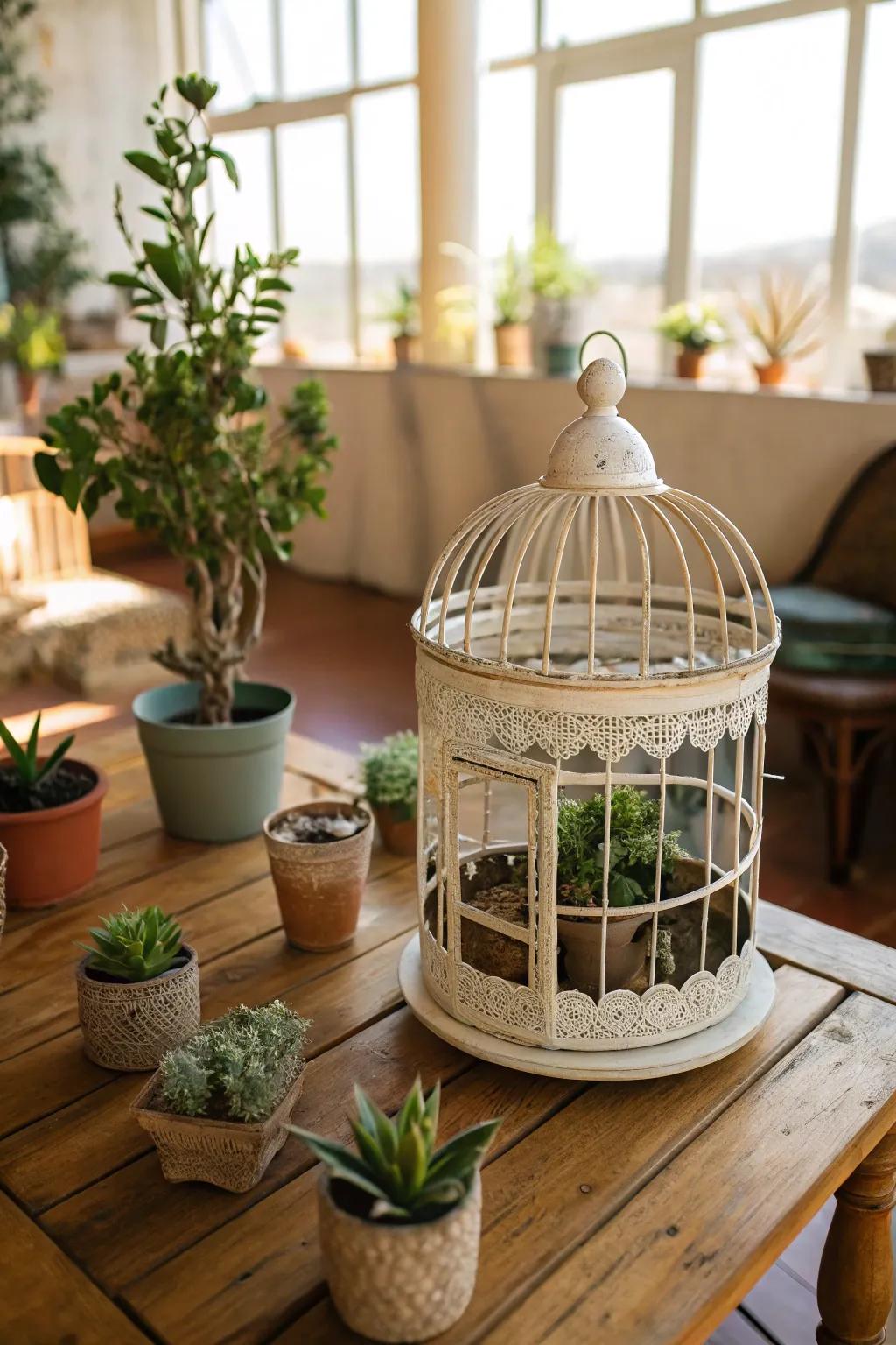 A <strong><em>bird enclosure</em></strong> transformed into a miniature garden centerpiece.” loading=”lazy” class=”pimg”>
	</picture><figcaption>A <strong><em>bird enclosure</em></strong> transformed into a miniature garden centerpiece.</figcaption></figure>
<p>Transform a <strong><em>bird enclosure</em></strong> into a <strong>miniature garden</strong> by introducing petite potted plants or succulents. This is a delightful method for incorporating a hint of greenery into your home.</p>
<h3>Possibly helpful picks:</h3>
<ul class=