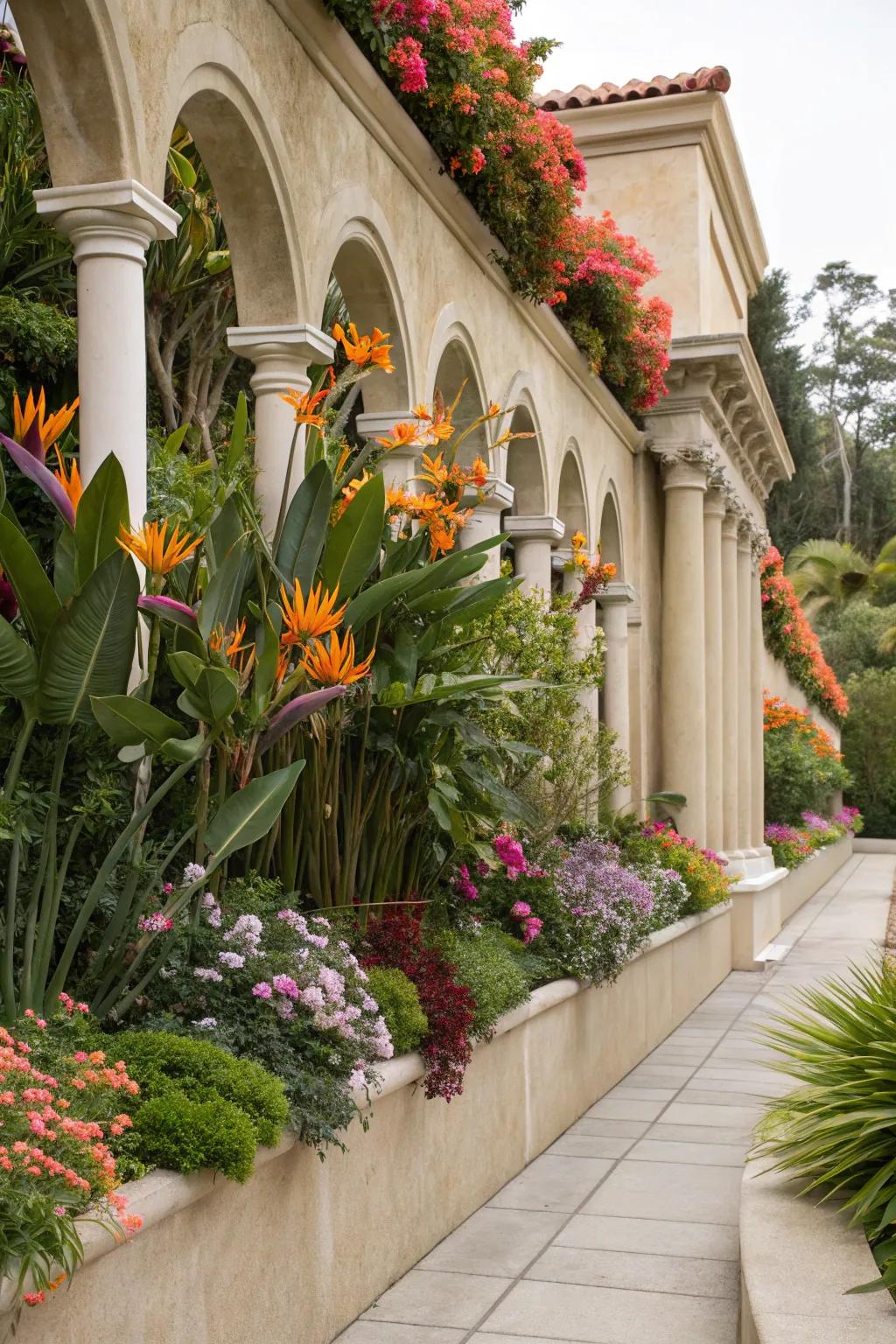 Bird of Paradise adds color and appeal to garden structures.