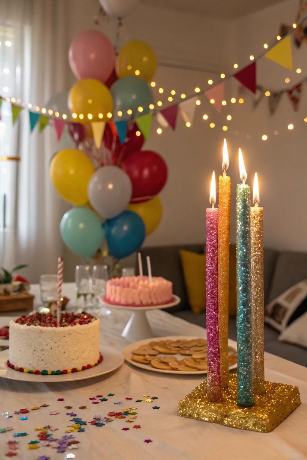 Shimmering candles introduce a magical touch to any birthday table.