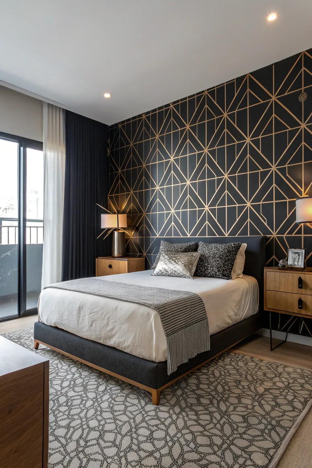 Geometric patterns on a black accent wall add a modern touch to this bedroom.