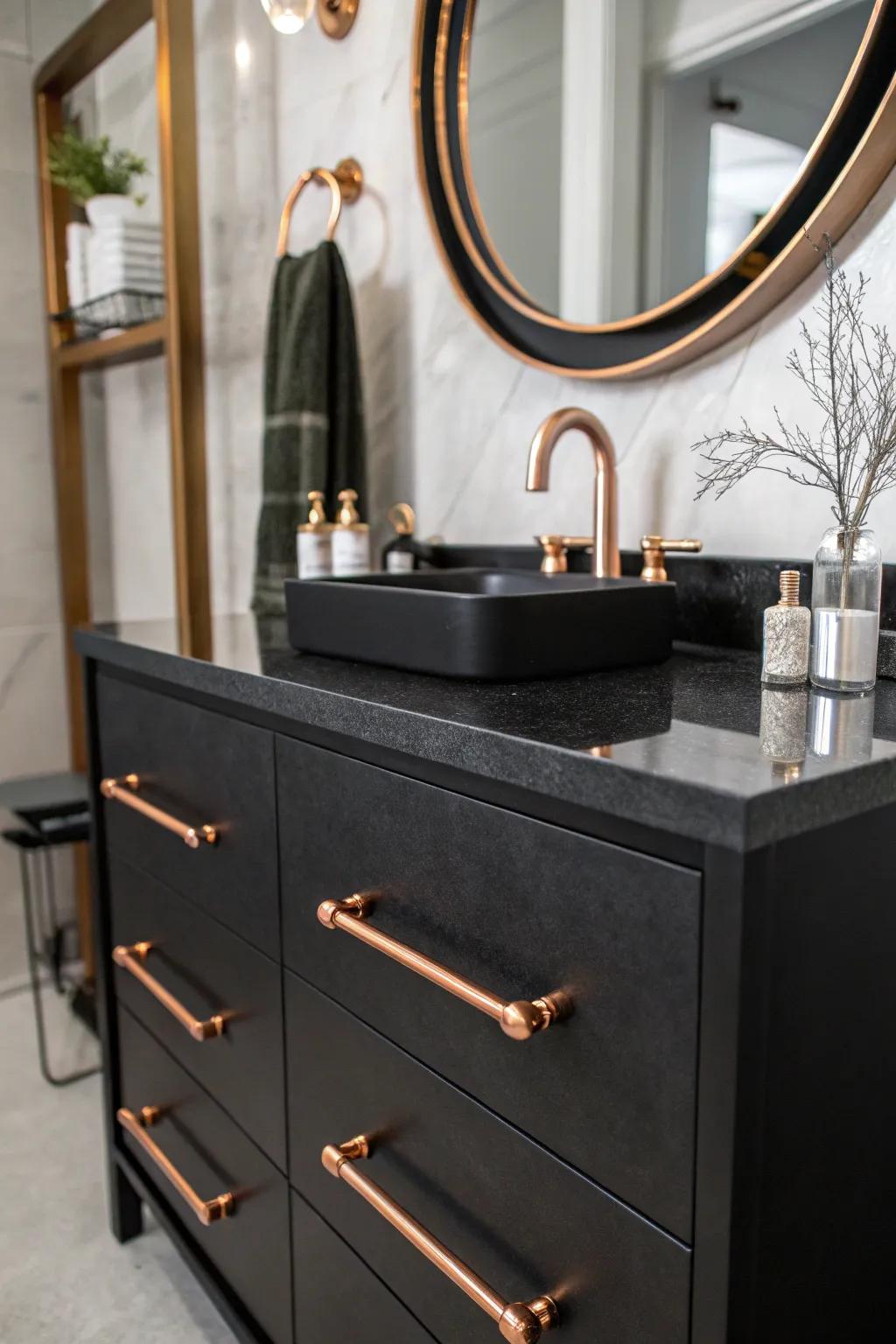A sleek vanity with copper details is prominent in a modern bathroom.