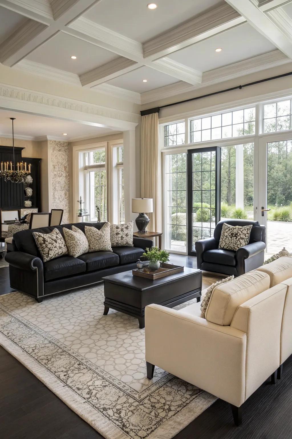 An open design enhances the luxurious feel of a black and cream living space.