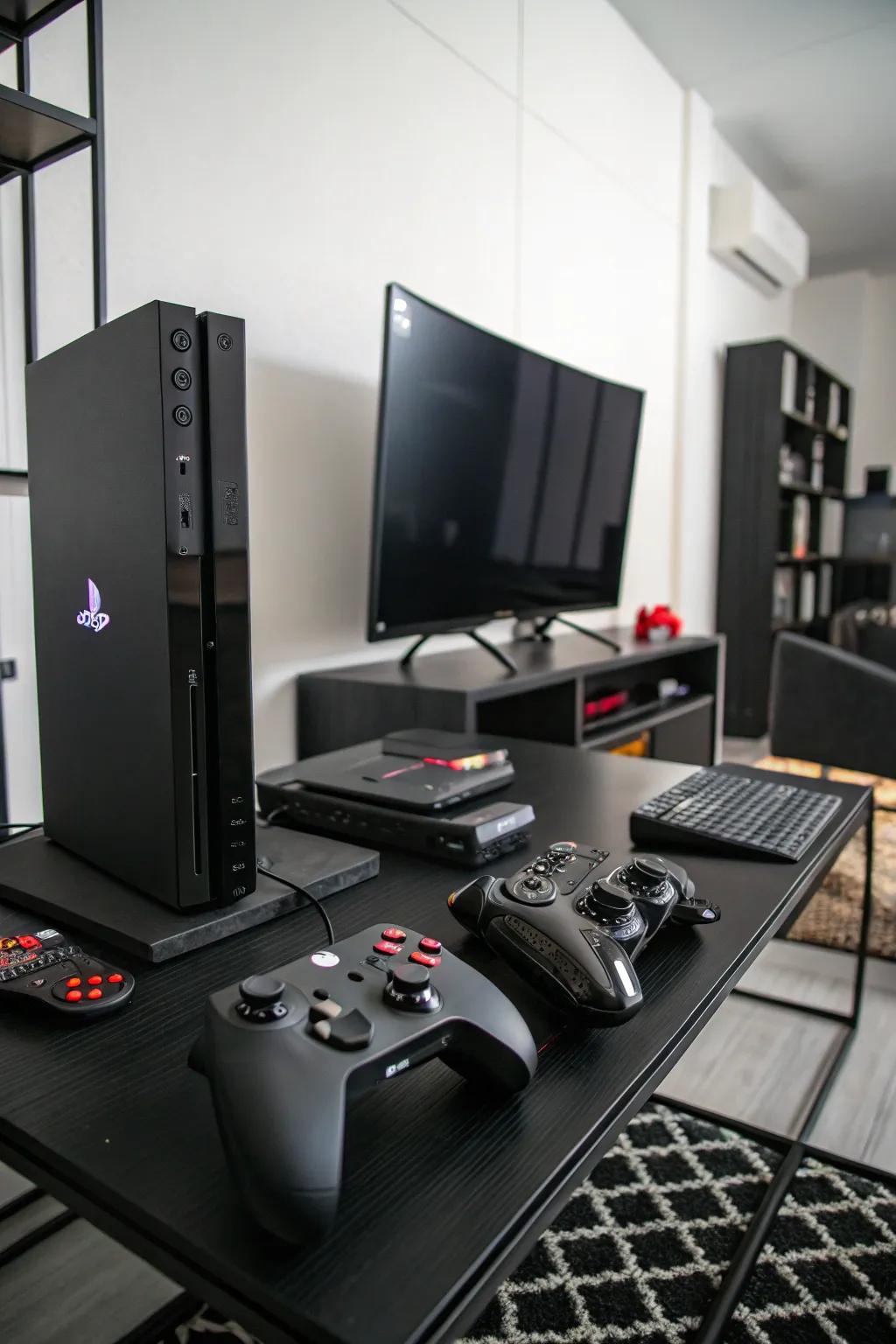 High-tech gaming equipment elevates the room's functionality and style.