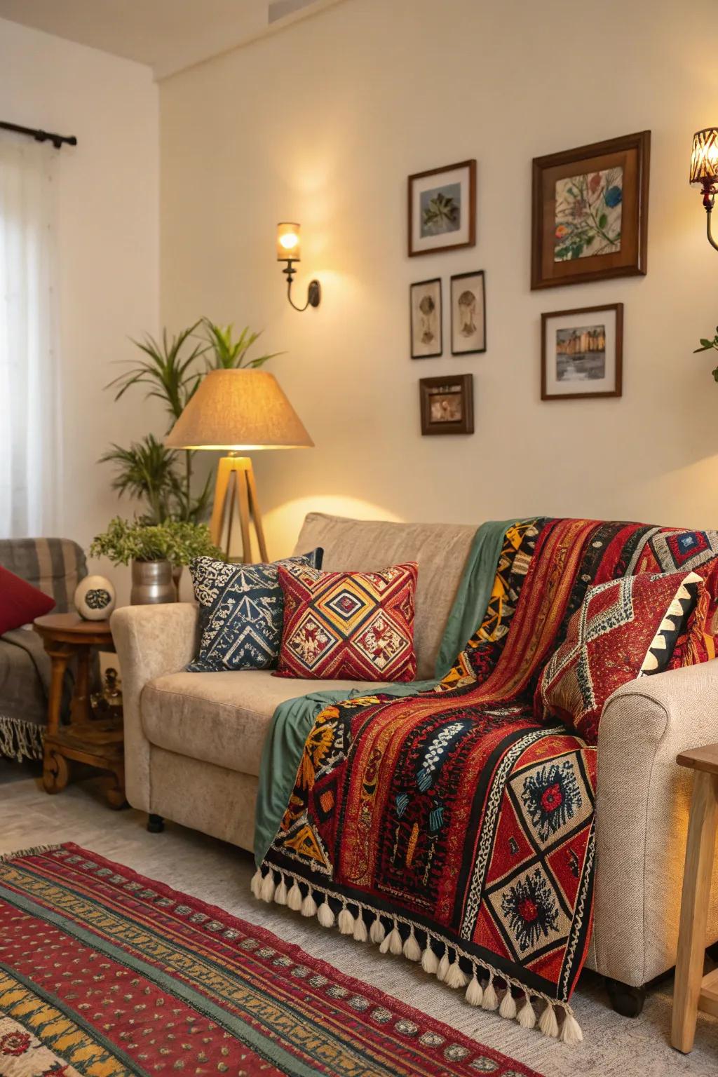 Cushions and blankets in ethnic patterns introduce comfort and style.