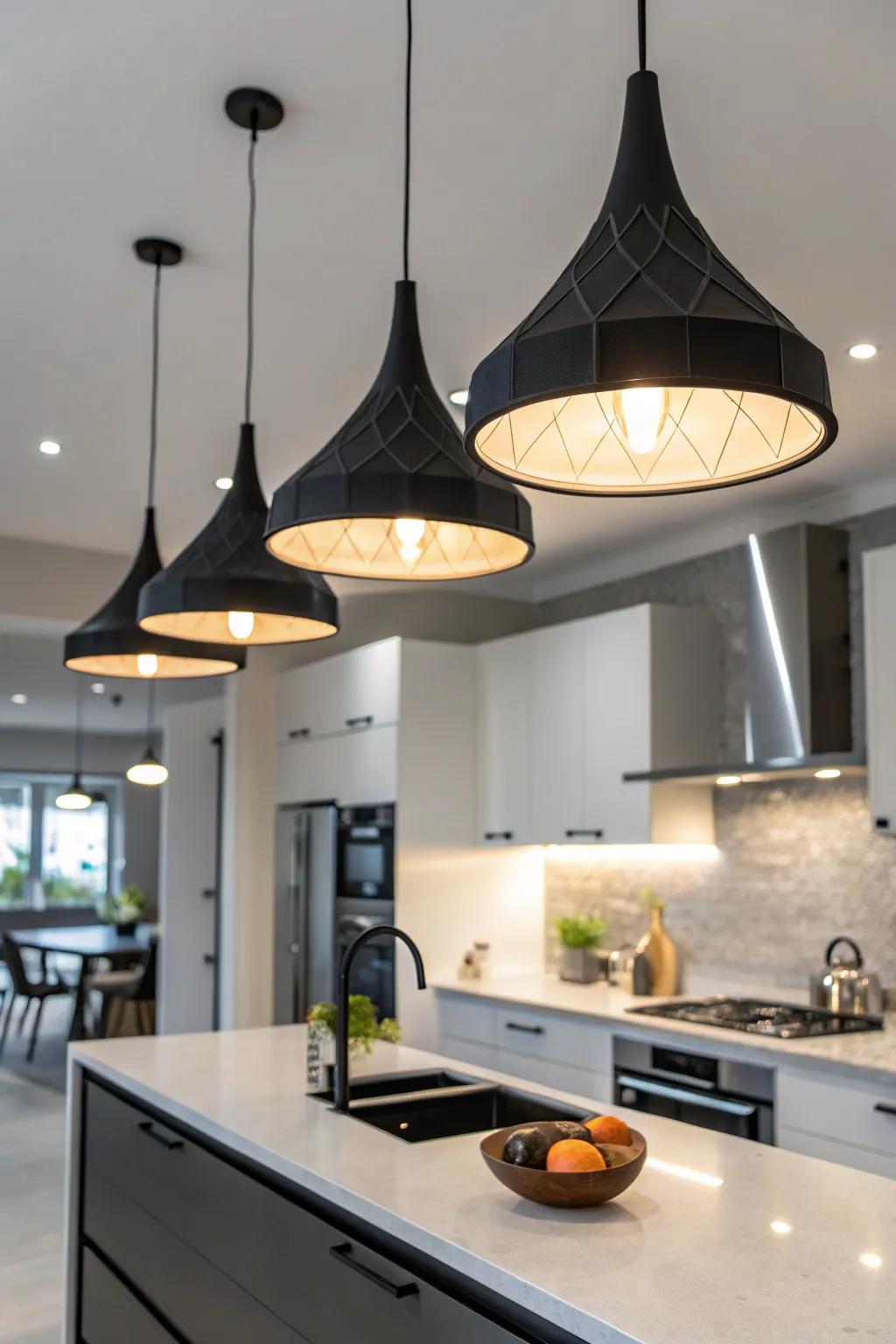 Audacious shapes in dark elements fashion an eye-catching focal attraction.