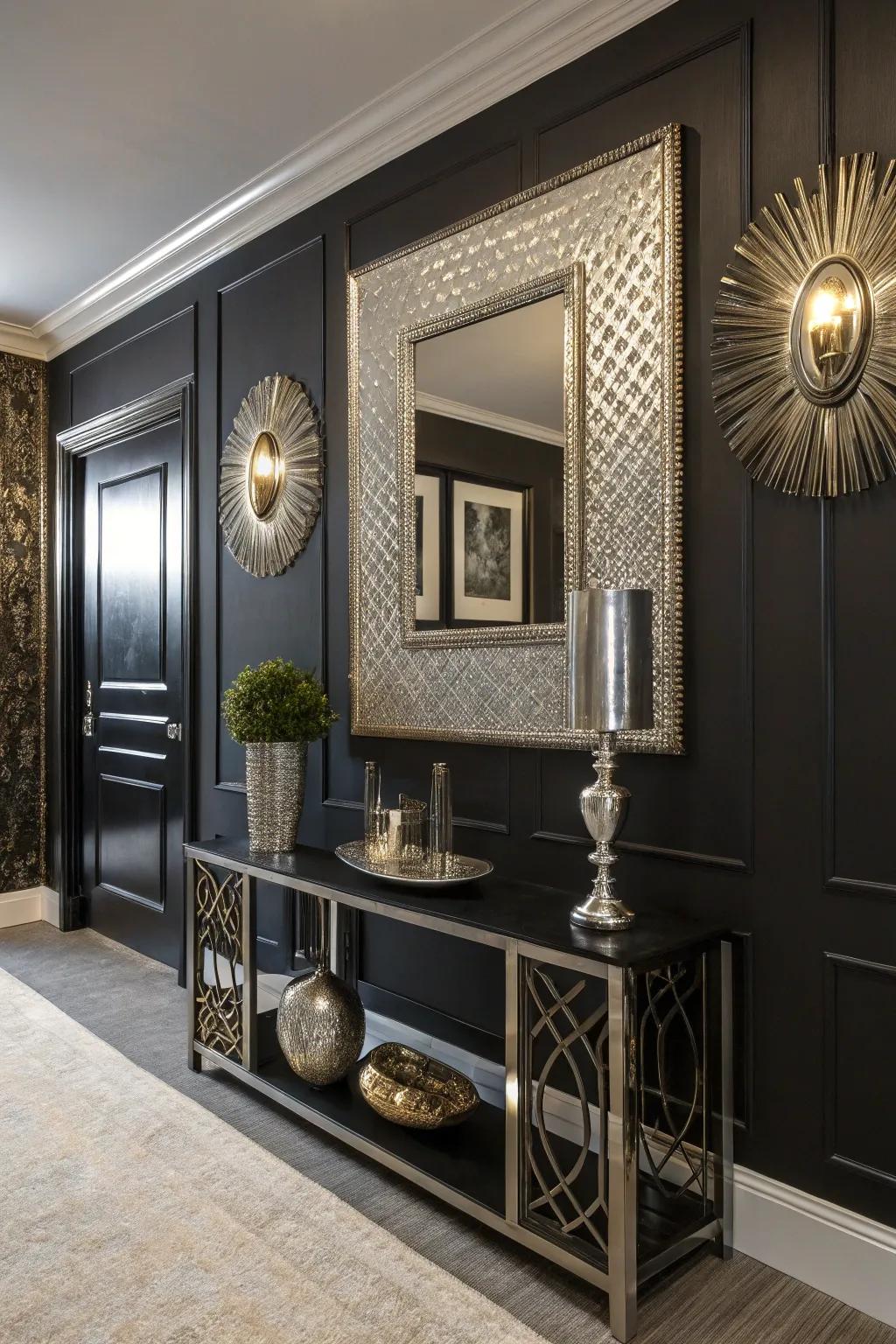 Reflectors and metallic accents on a black wall.