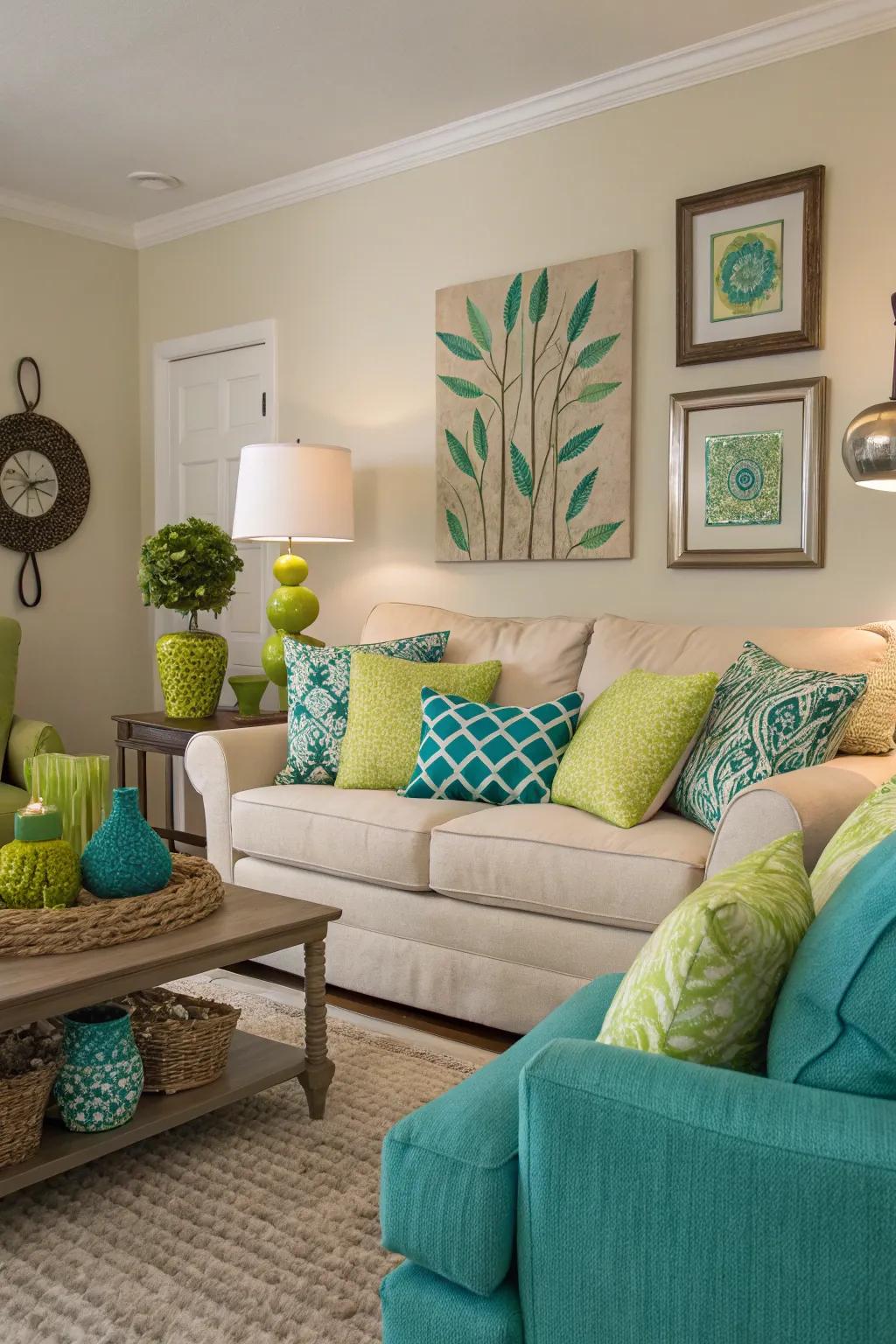 Teal and lime accents inject pep and vibrancy.