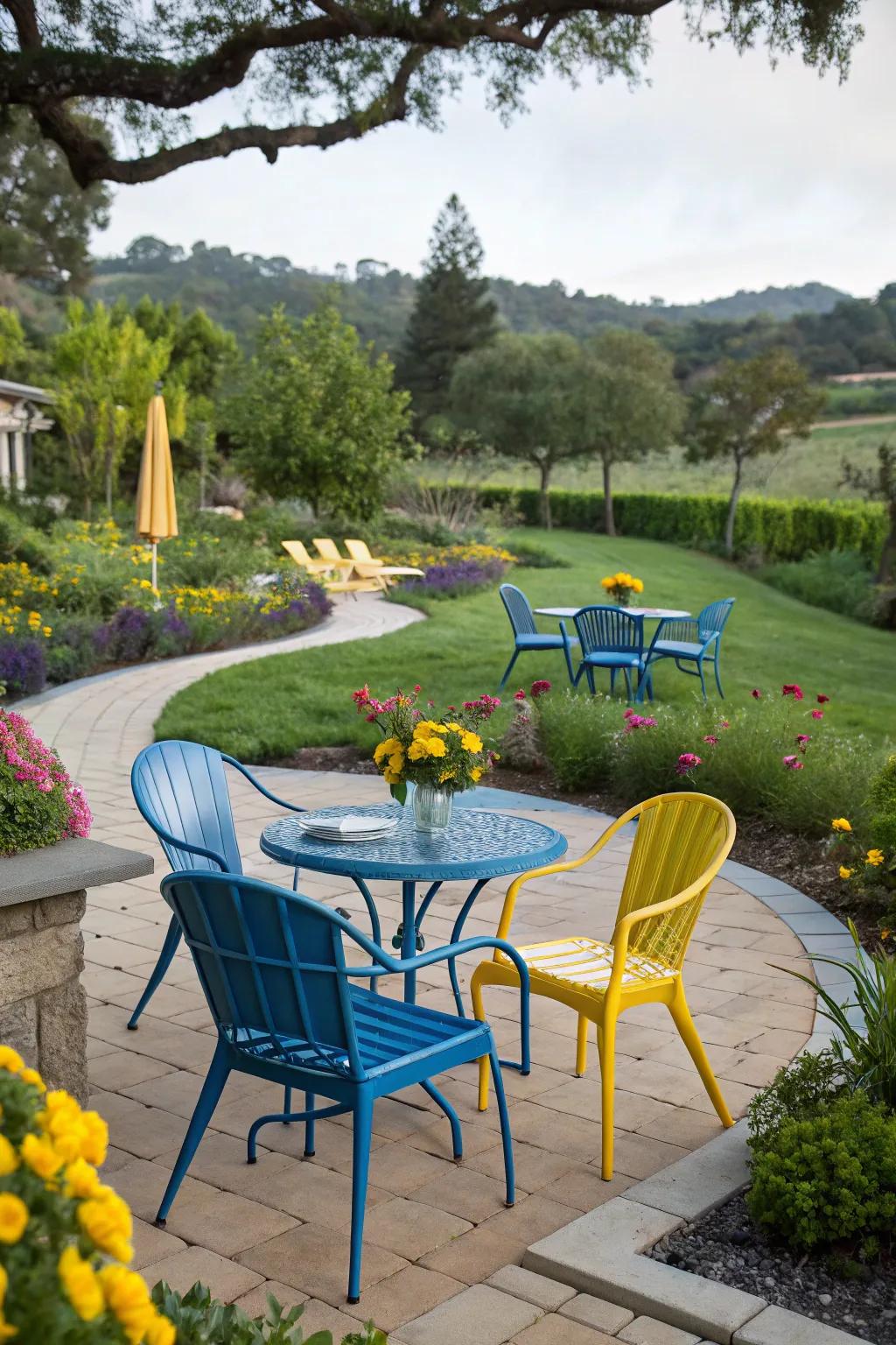 An outdoor patio showcasing azure and gold furnishings, forming a lively, welcoming oasis.