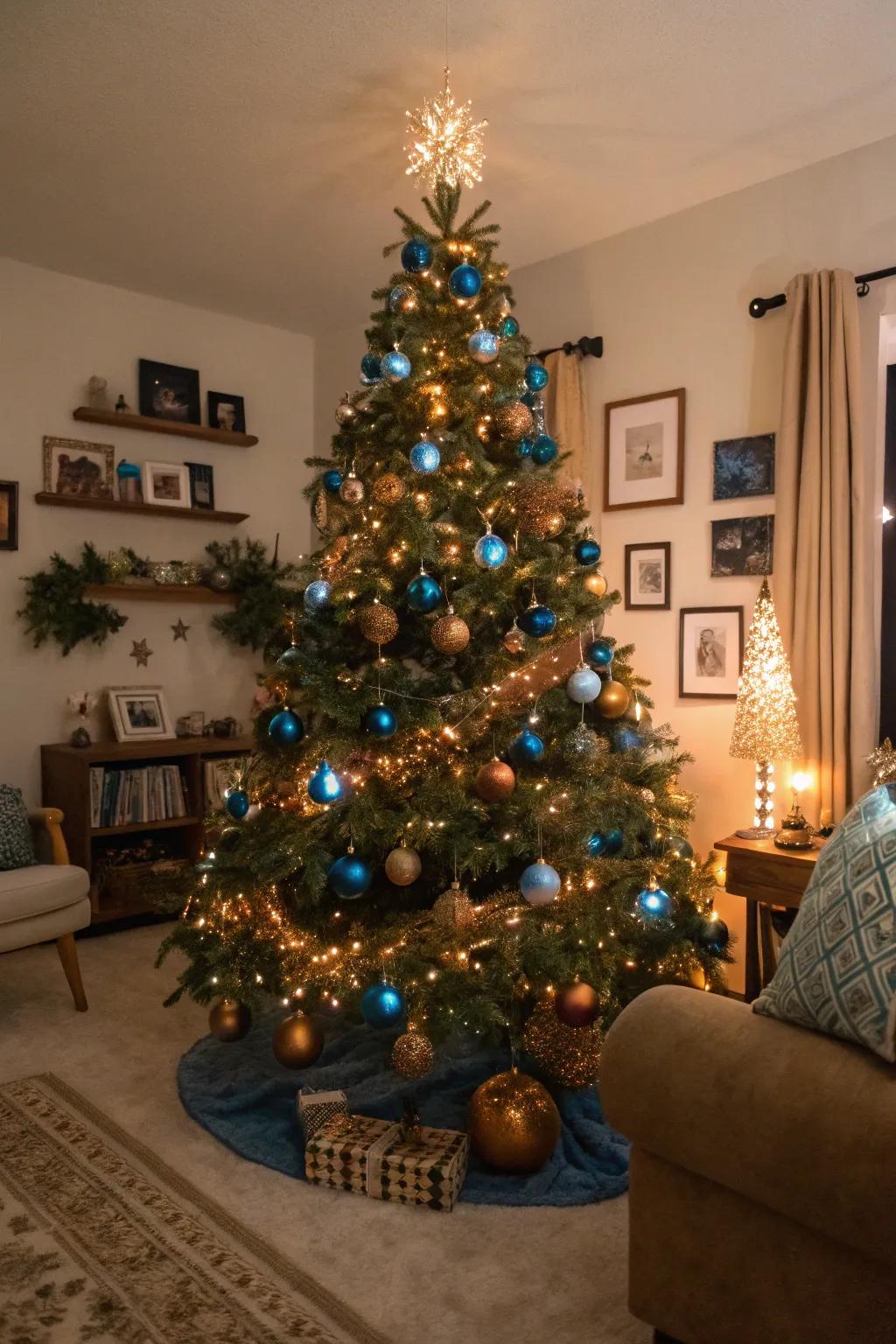 A warm and inviting blue and bronze Christmas tree.