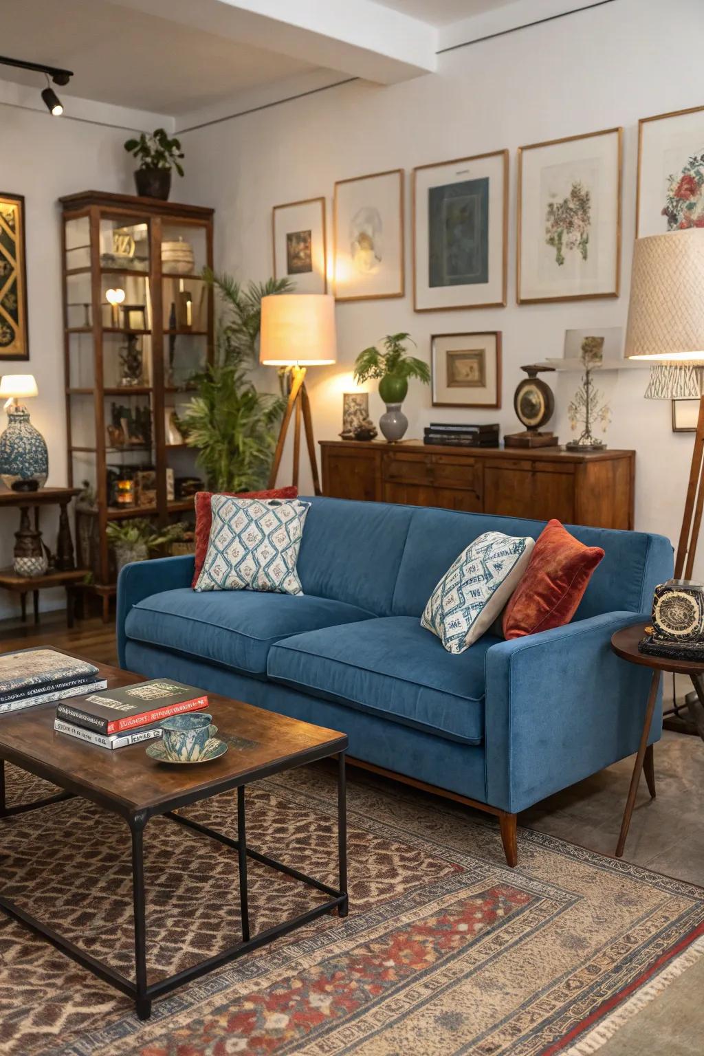 A blend of contemporary and vintage designs encircles a cerulean sofa.
