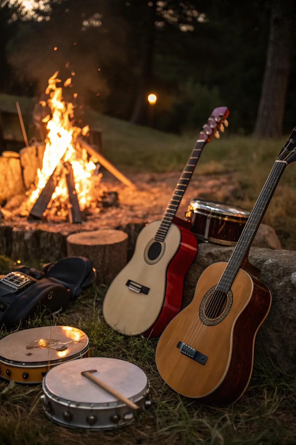 Musical instruments poised for an impromptu jam session.