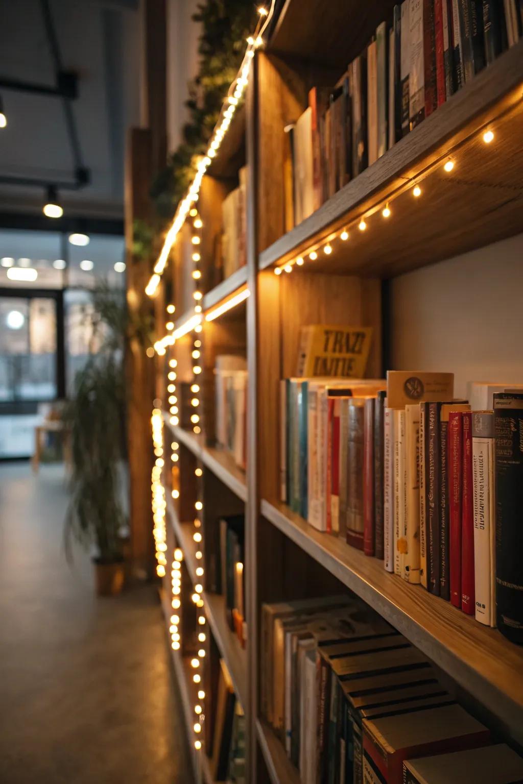 Illuminated shelves casting warmth and sophistication.