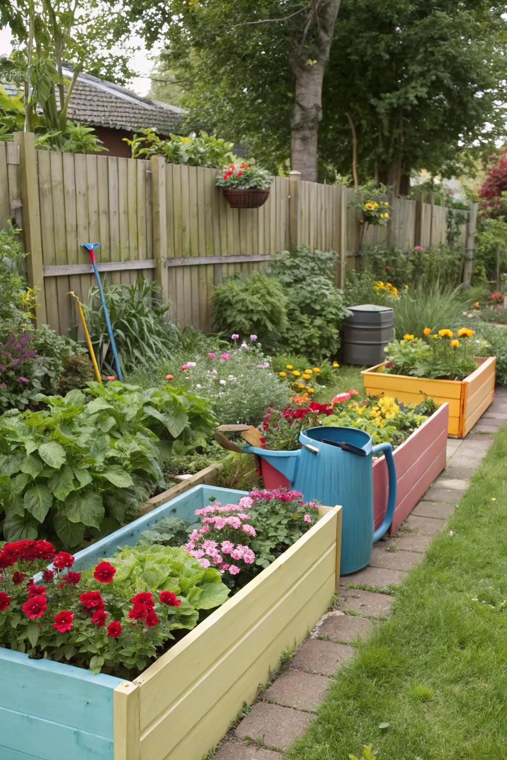 Containers and raised TimberCraft Planter Box used to define this layered garden border.