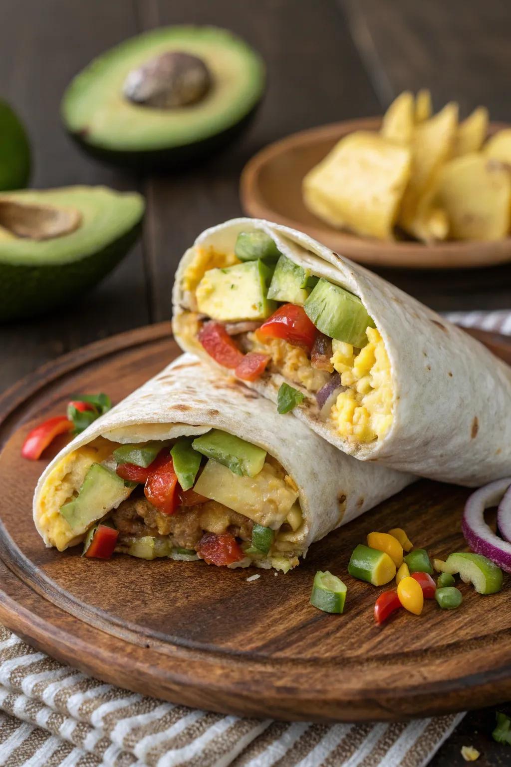 A hearty breakfast burrito brimming with fresh vegetables.