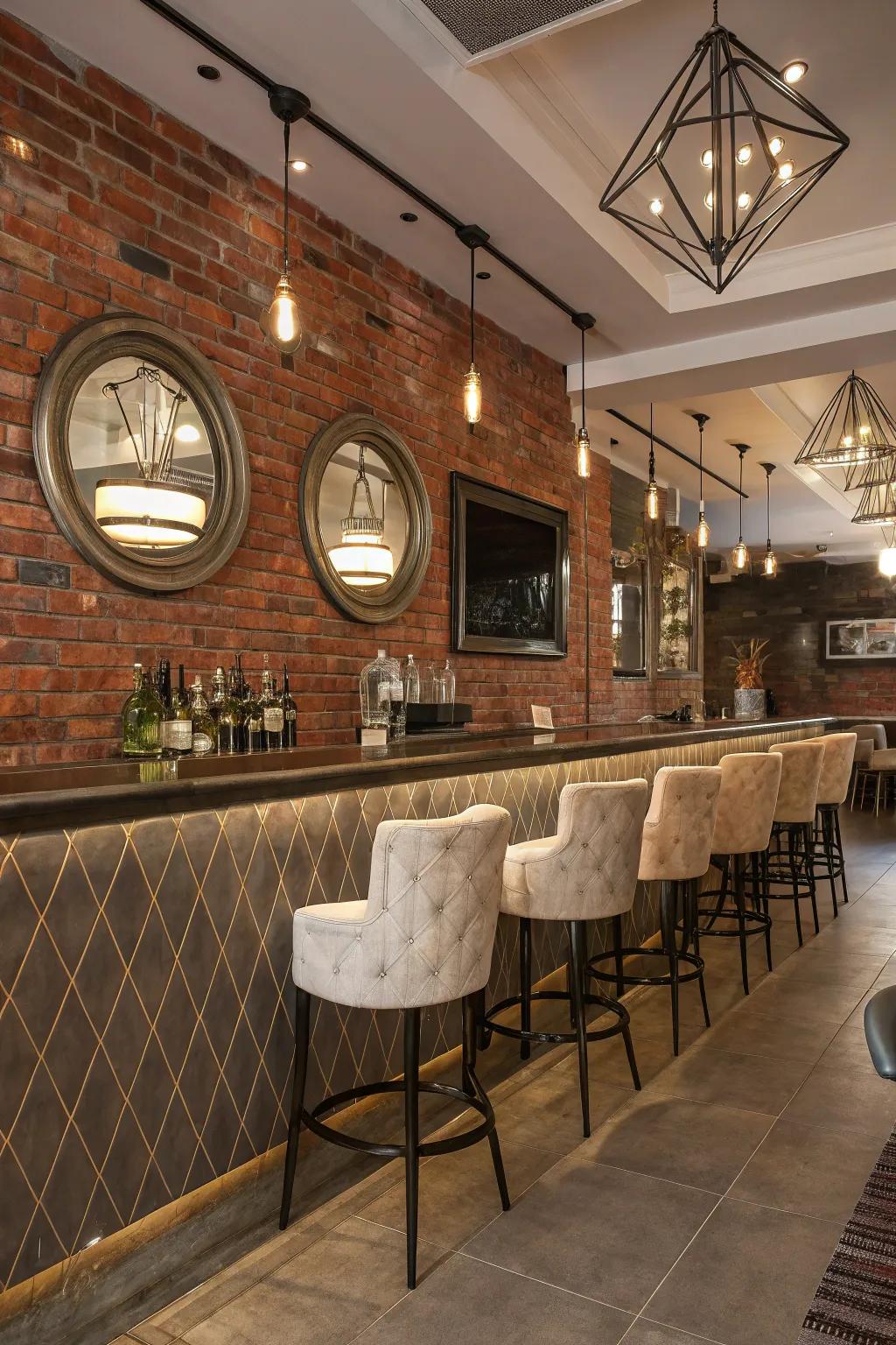 Mirrored features amplify the spacious feeling of a brick wall bar.