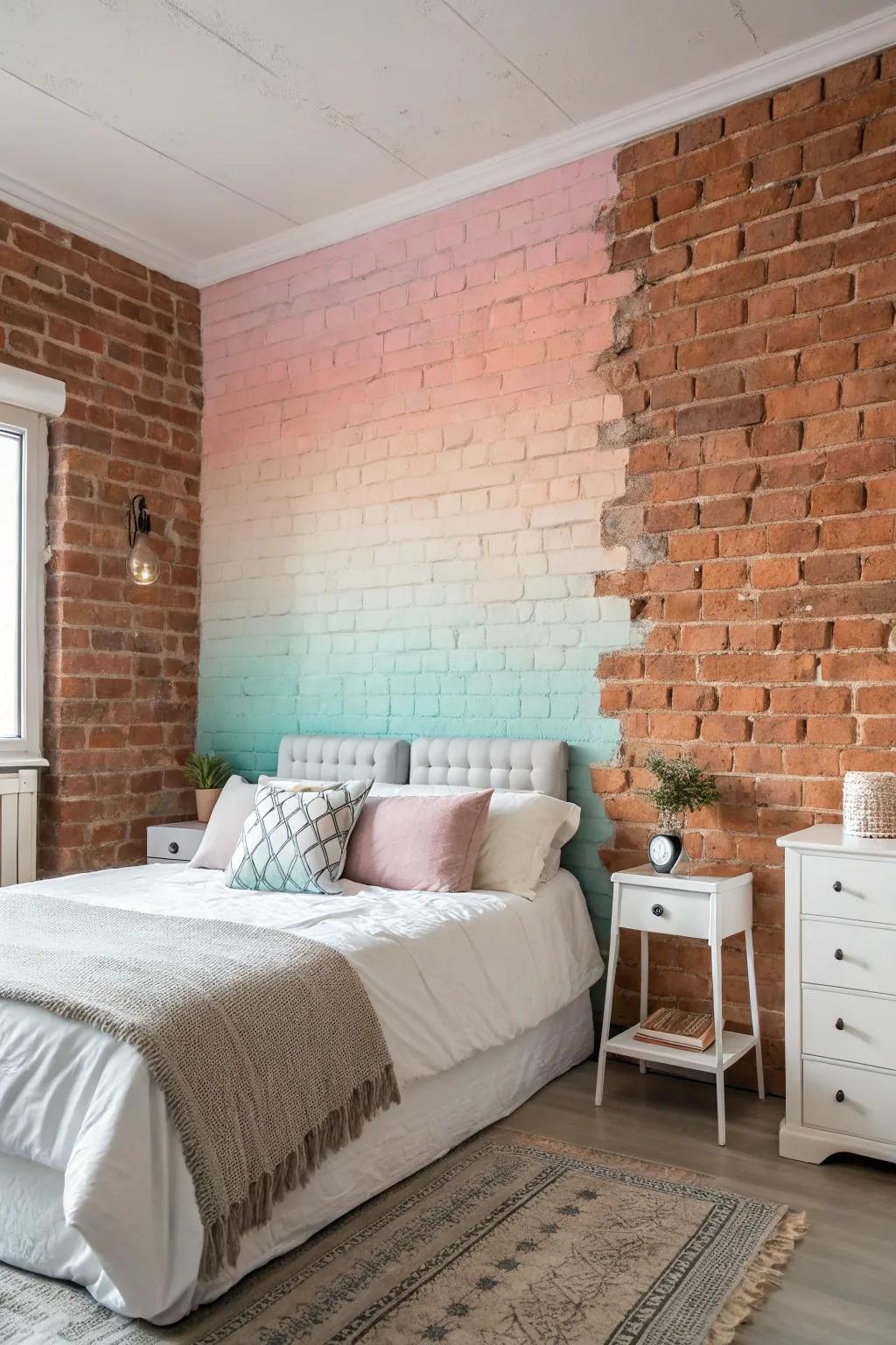 Pastel gradient mural contributes a soothing aura to a brick wall.