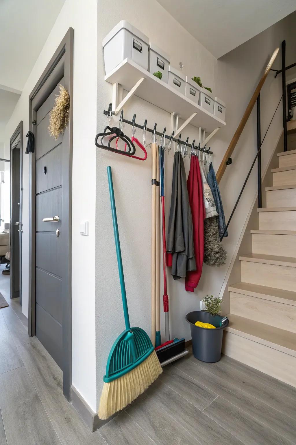 Inventive pegs and hangers for compact storage options.