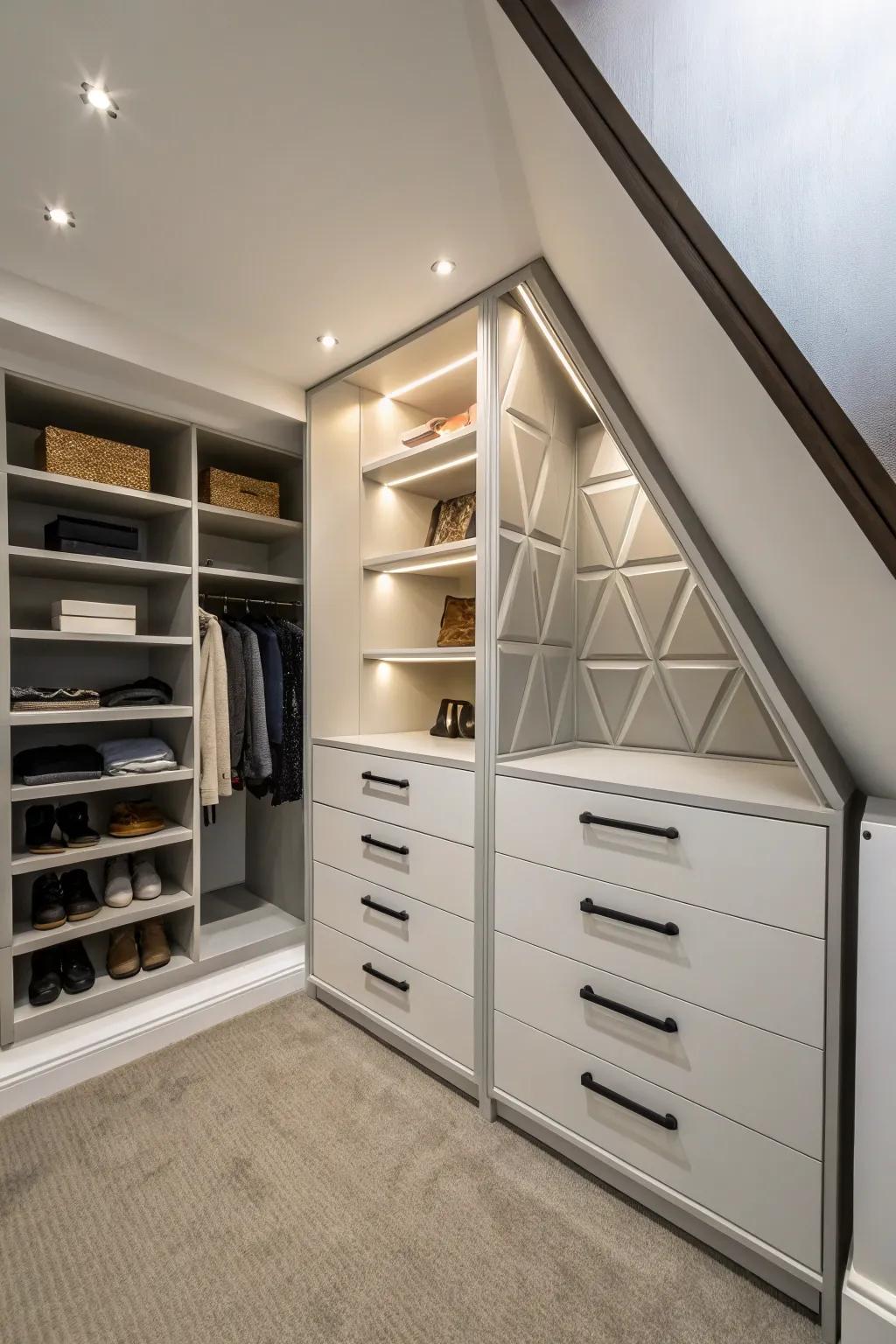 A corner closet creatively harnesses space.