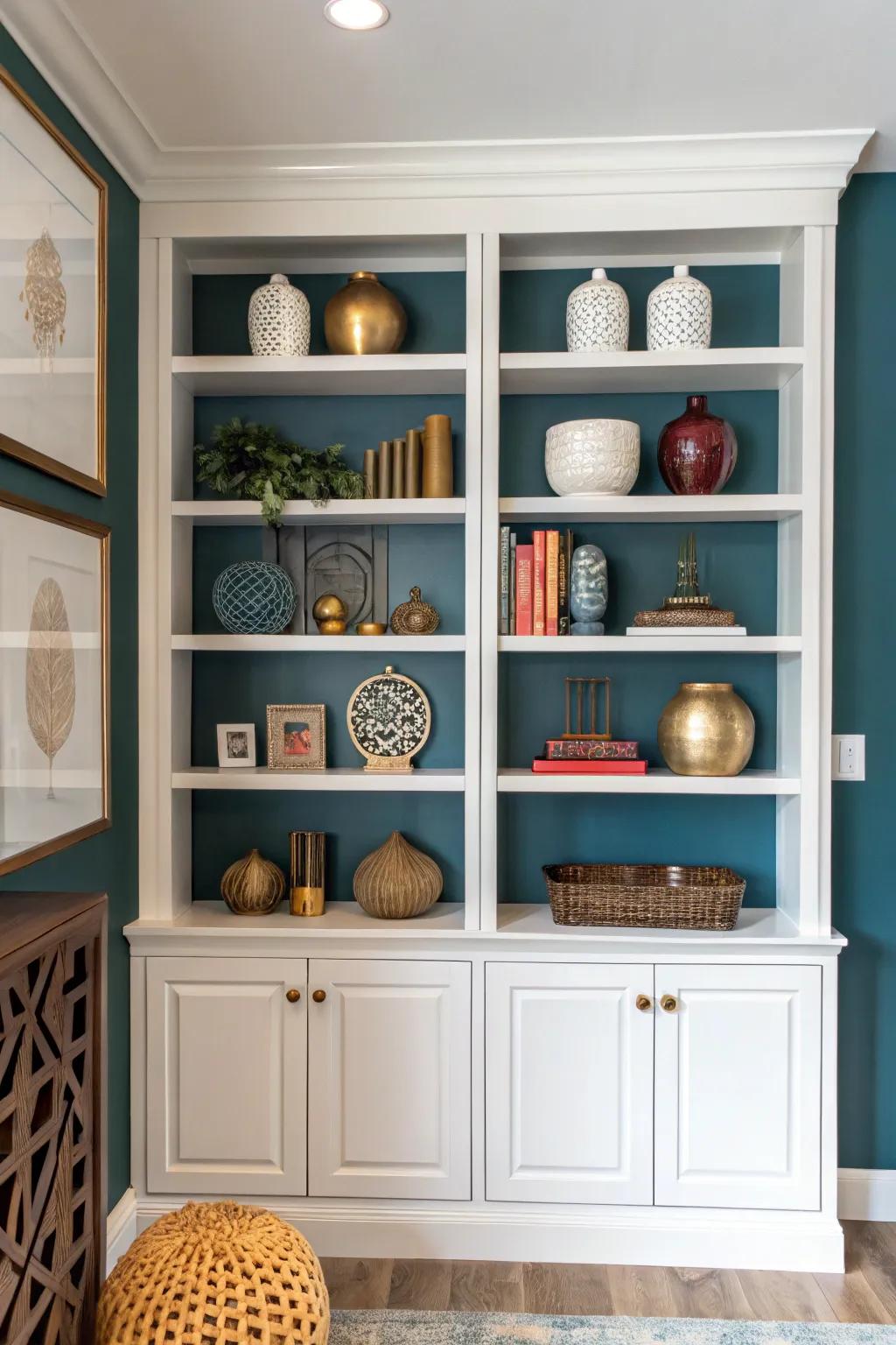 A contrasting backdrop can emphasize items arranged on custom shelves.